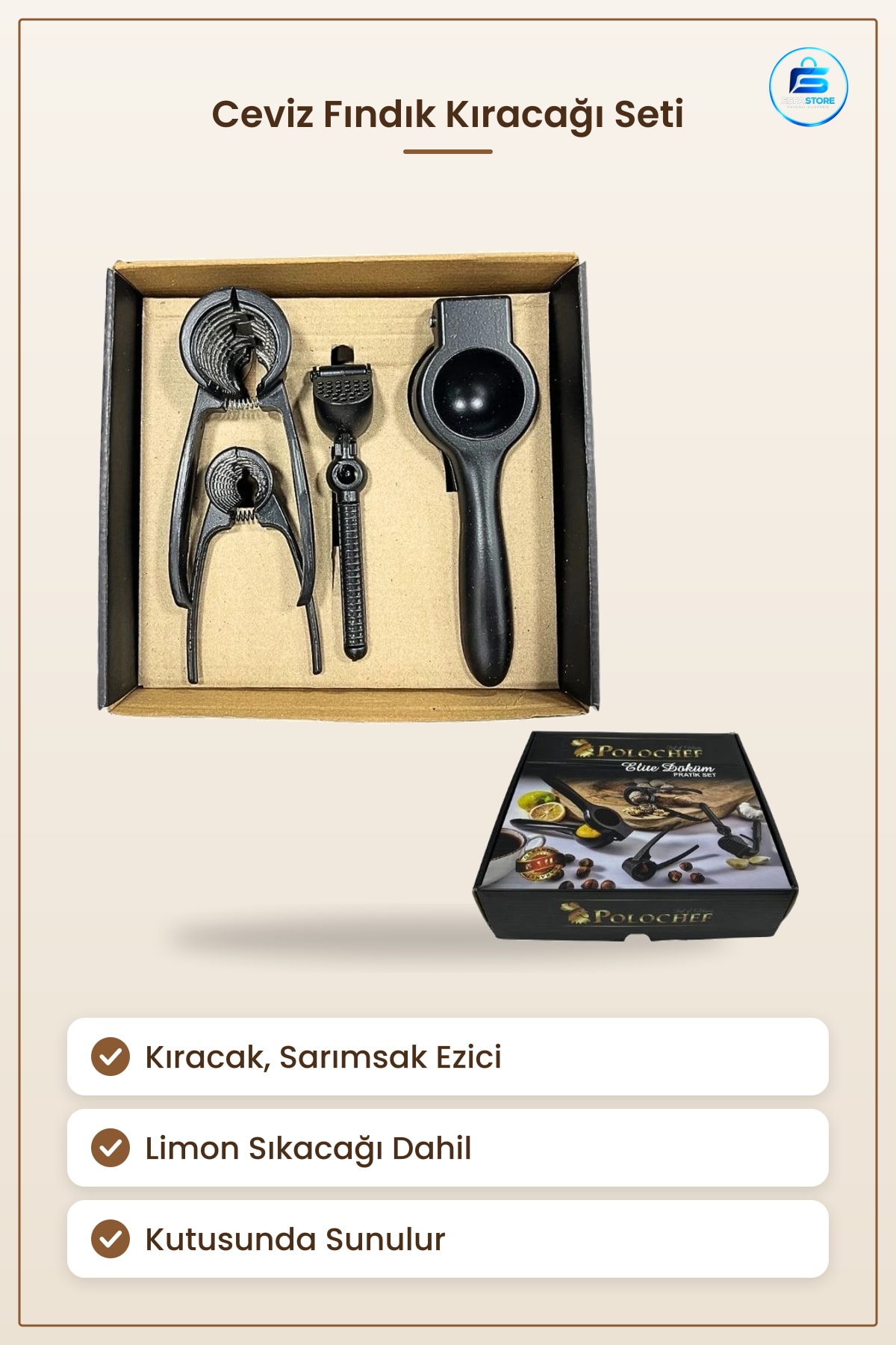 Ceviz Fındık Kıracağı Pratik Set Sarımsak Ezici Limon Sıkacağı Mutfak Yemek Hazırlık