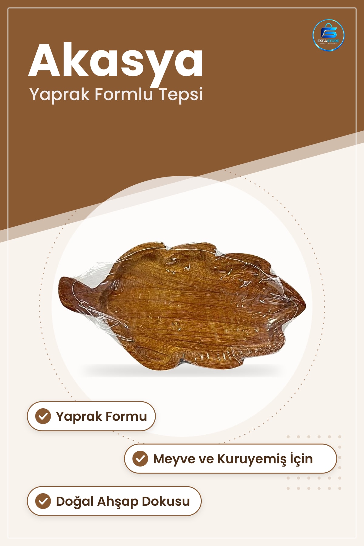 Akasya Ahşap Yaprak Formlu Sunum Tepsisi Servis Mutfak ve Sofra İçin Dekoratif Sunumluk