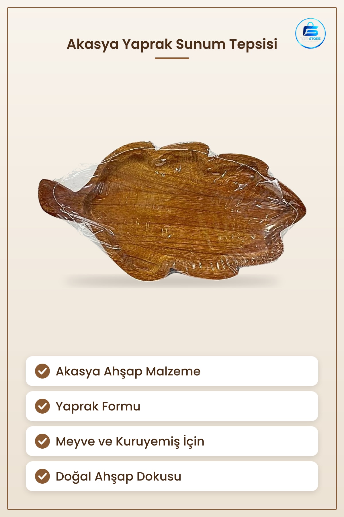 Akasya Ahşap Yaprak Formlu Sunum Tepsisi Servis Mutfak ve Sofra İçin Dekoratif Sunumluk