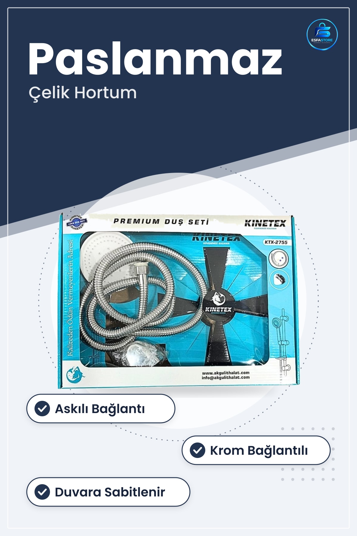 Premium Duş Seti Banyo El Duşu Paslanmaz Çelik Hortumlu Askılı Krom Bağlantılı Takım