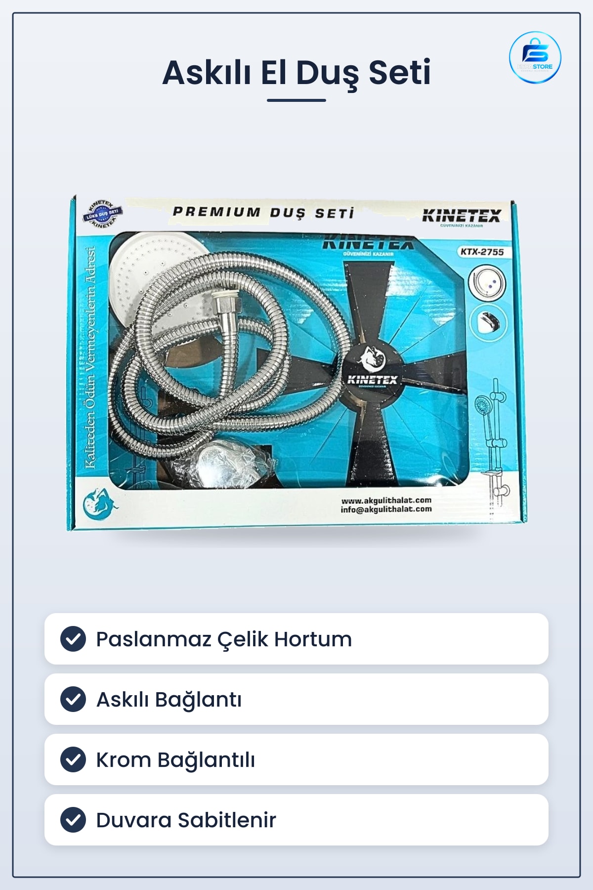 Premium Duş Seti Banyo El Duşu Paslanmaz Çelik Hortumlu Askılı Krom Bağlantılı Takım