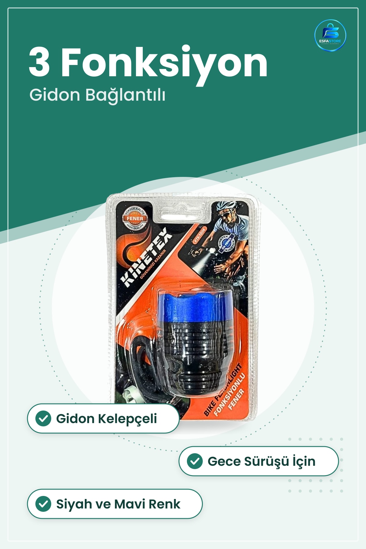 Bisiklet Feneri 3 Fonksiyonlu Ön Far Gece Sürüşü Pratik Kullanım Işıklı Gidon Bağlantılı Siyah Mavi