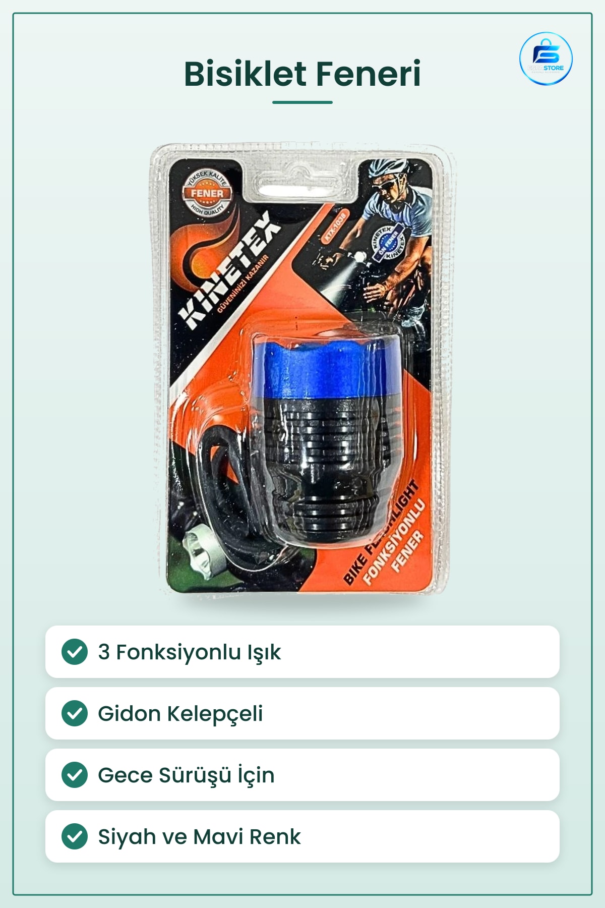 Bisiklet Feneri 3 Fonksiyonlu Ön Far Gece Sürüşü Pratik Kullanım Işıklı Gidon Bağlantılı Siyah Mavi