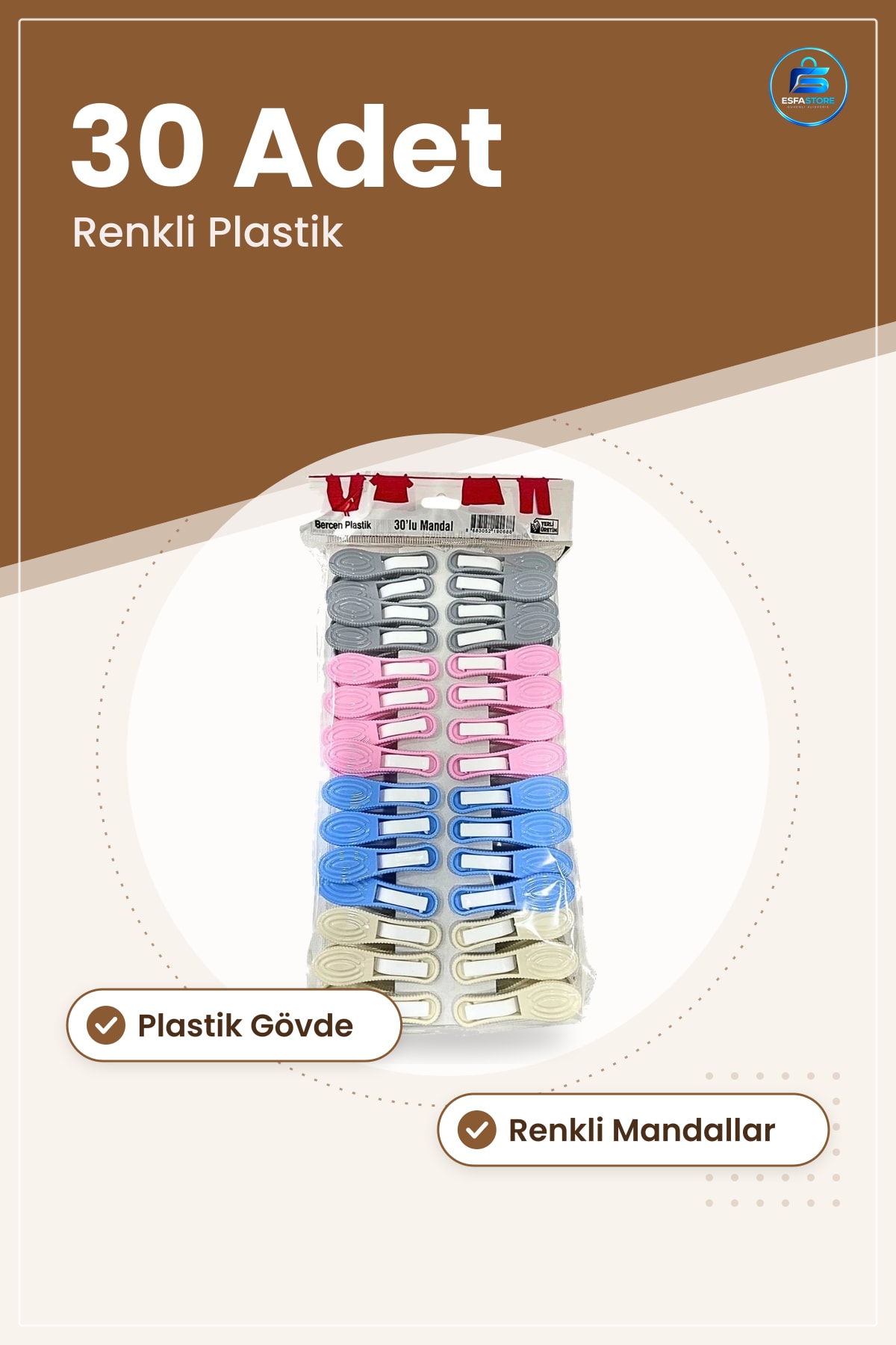 Çamaşır Mandalı 30'lu Renkli Plastik Balkon Ev Bahçe Kullanımına Uygun Kıskaç Seti