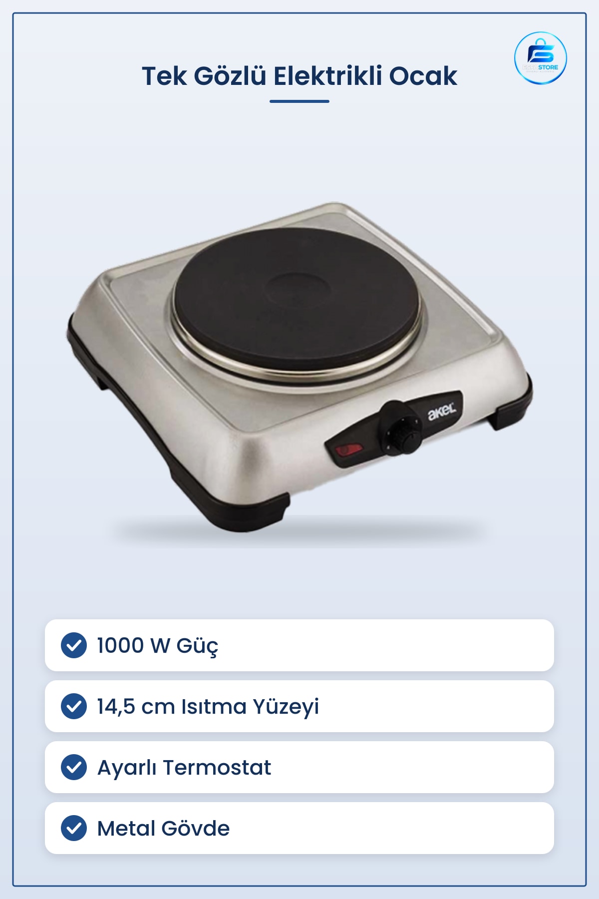 Elektrikli Tek Gözlü Ocak 1000 W Ayarlı Termostat 14,5 cm Mini Metal Gövde Kompakt Pişirme Kamp