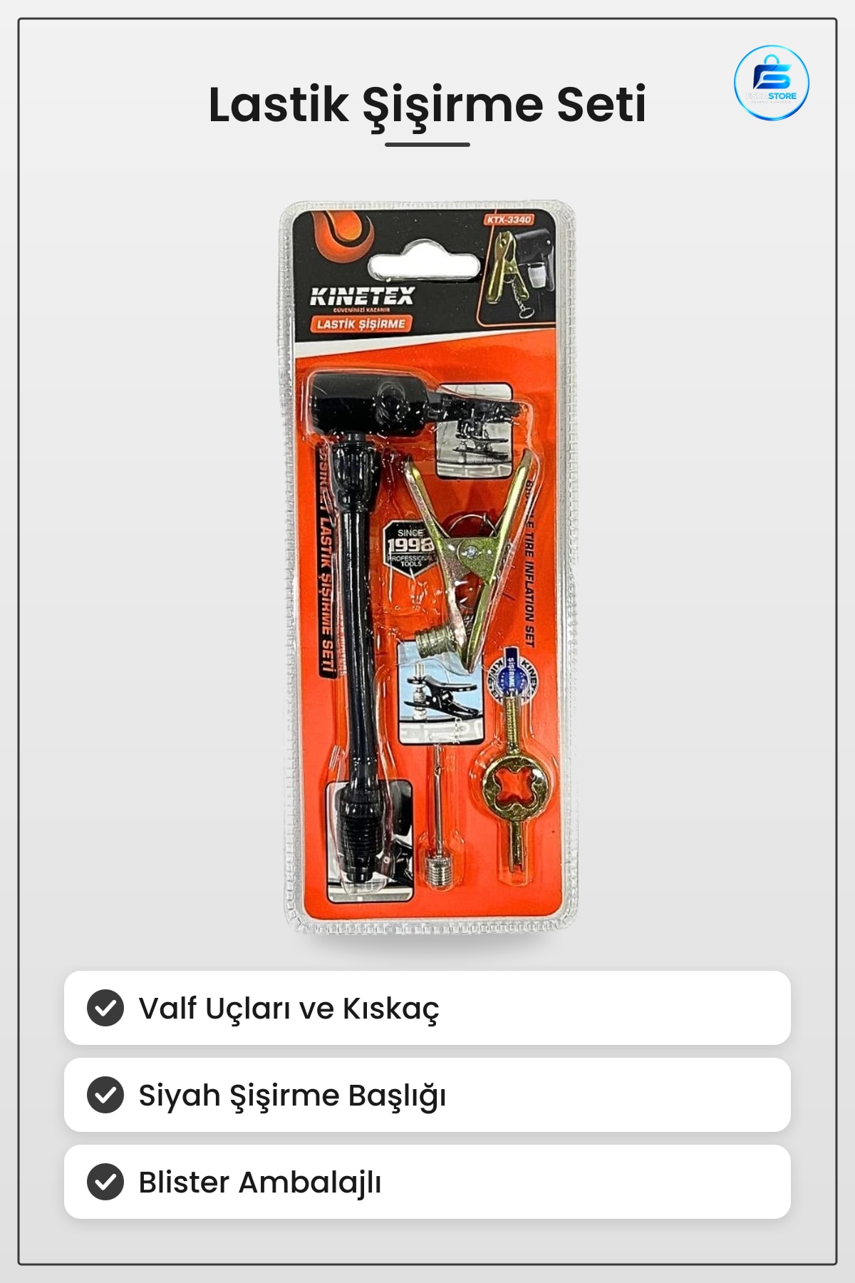 Lastik Şişirme Seti Kıskaçlı Valf Uçlu Araç Lastriği Aparatı Oto Bakım Yol Yardım Çantası