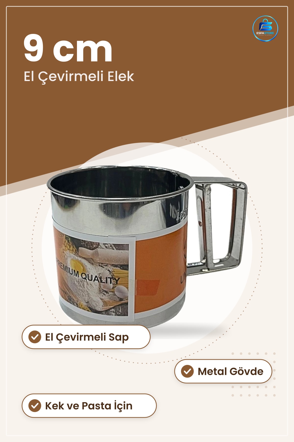 Metal Un Eleği 9 cm El Çevirmeli Pratik Mutfak Kek Pasta Hamur Eleme Kuru Malzeme Ev Pişirme