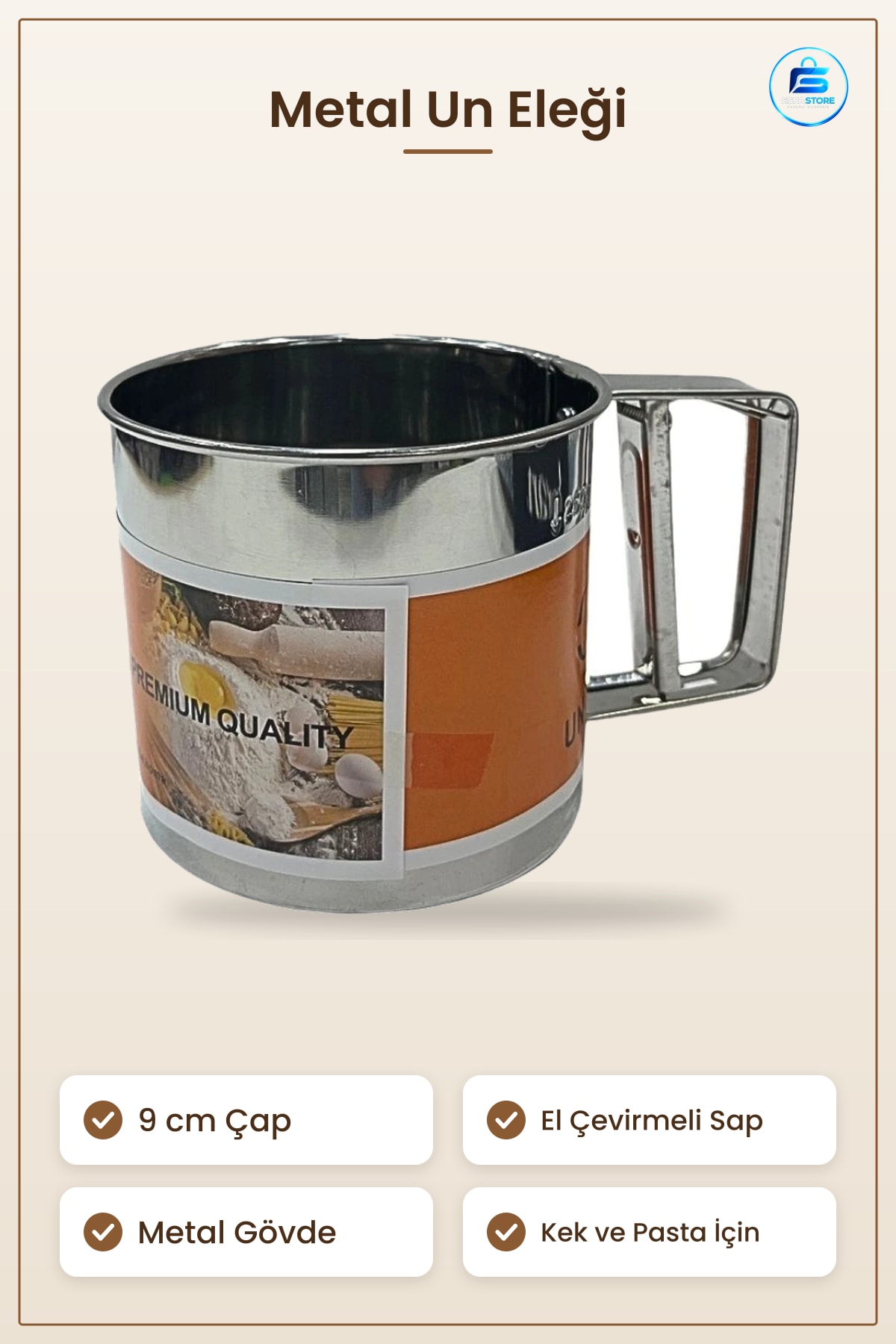 Metal Un Eleği 9 cm El Çevirmeli Pratik Mutfak Kek Pasta Hamur Eleme Kuru Malzeme Ev Pişirme