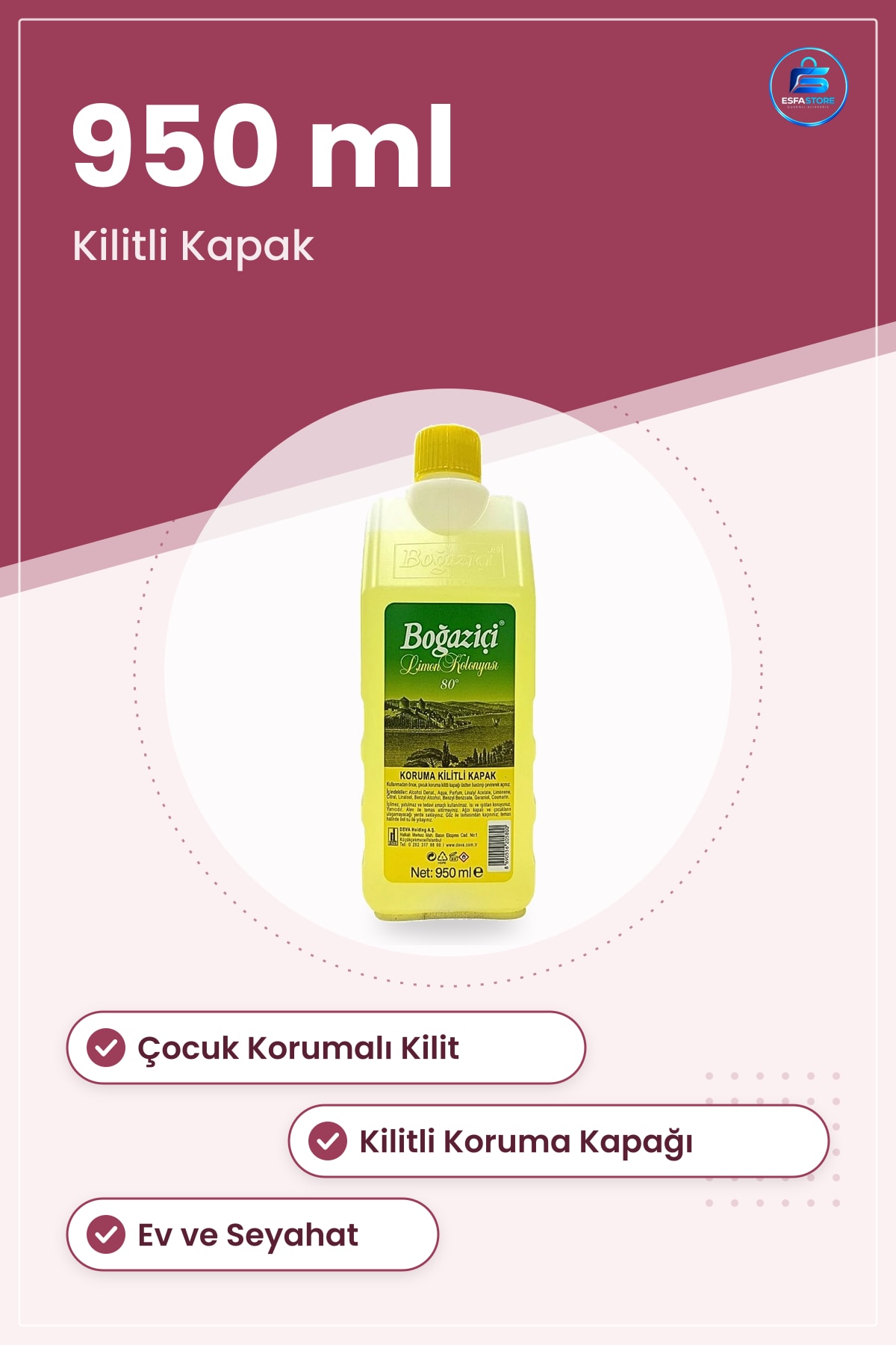 Kolonya 950 ml Şişe Koruma Kilitli Kapak Çocuklara Karşı Güvenli Banyo Mutfak Kullanımı