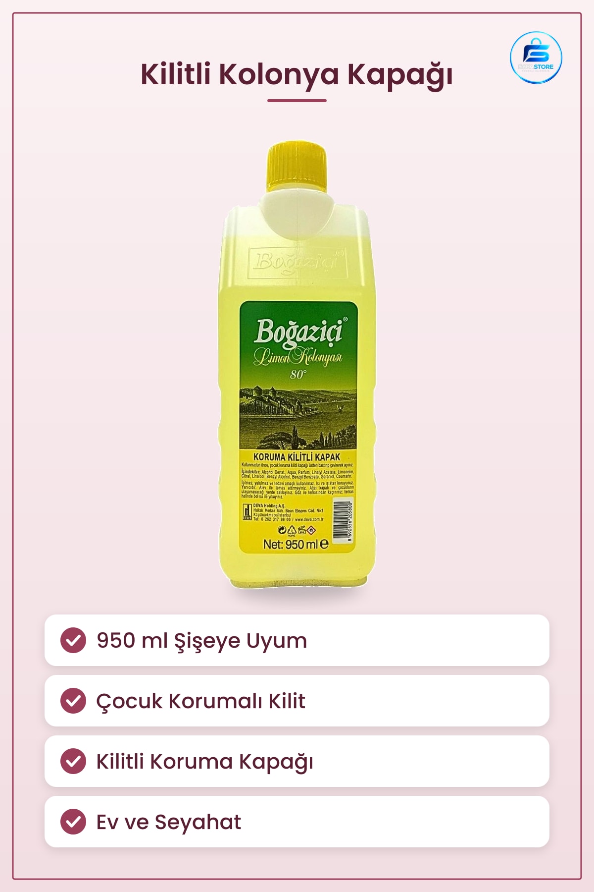 Kolonya 950 ml Şişe Koruma Kilitli Kapak Çocuklara Karşı Güvenli Banyo Mutfak Kullanımı