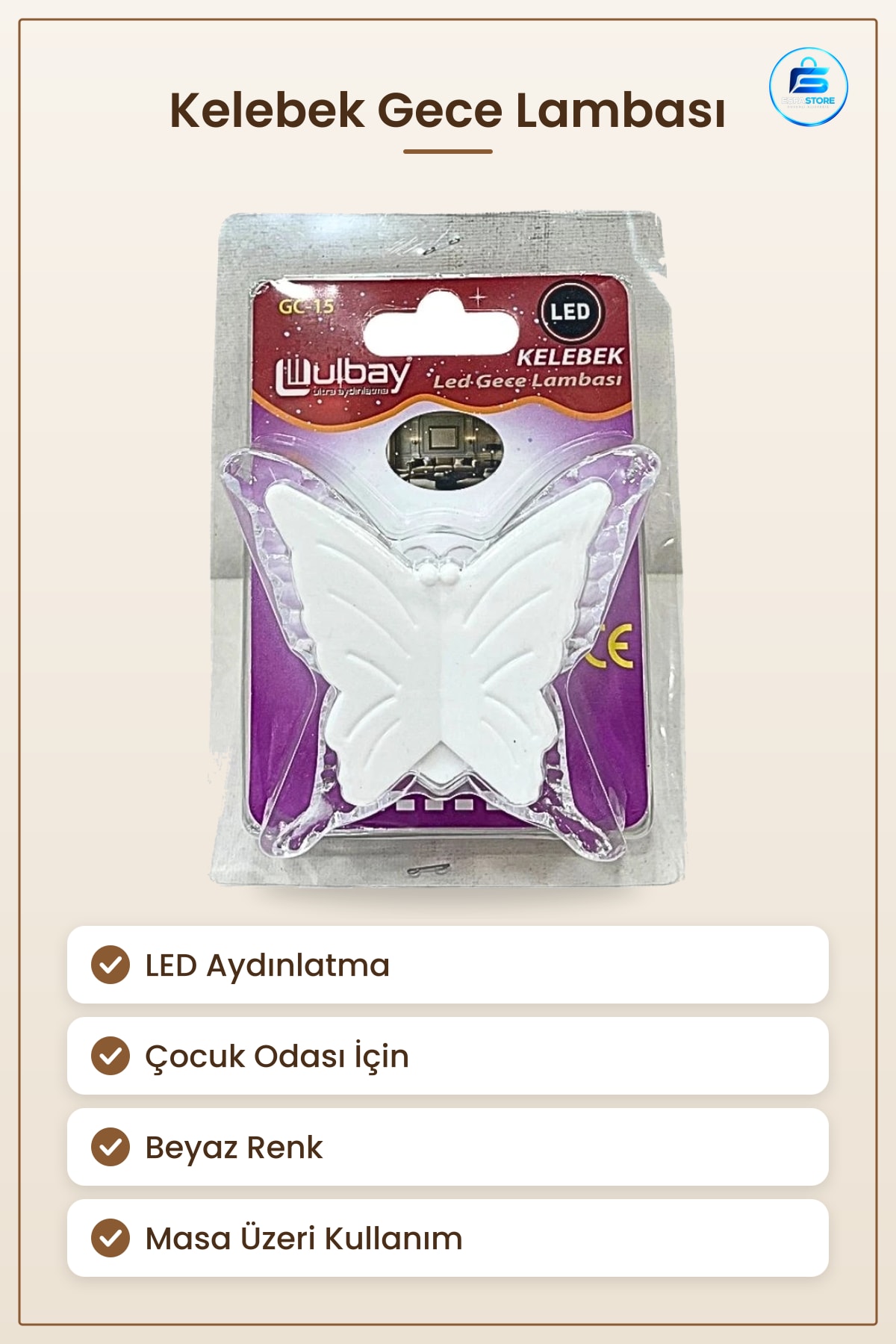Kelebek Gece Lambası LED Masa Işığı Çocuk Odası Yatak Dekoratif Aydınlatma Beyaz Renk