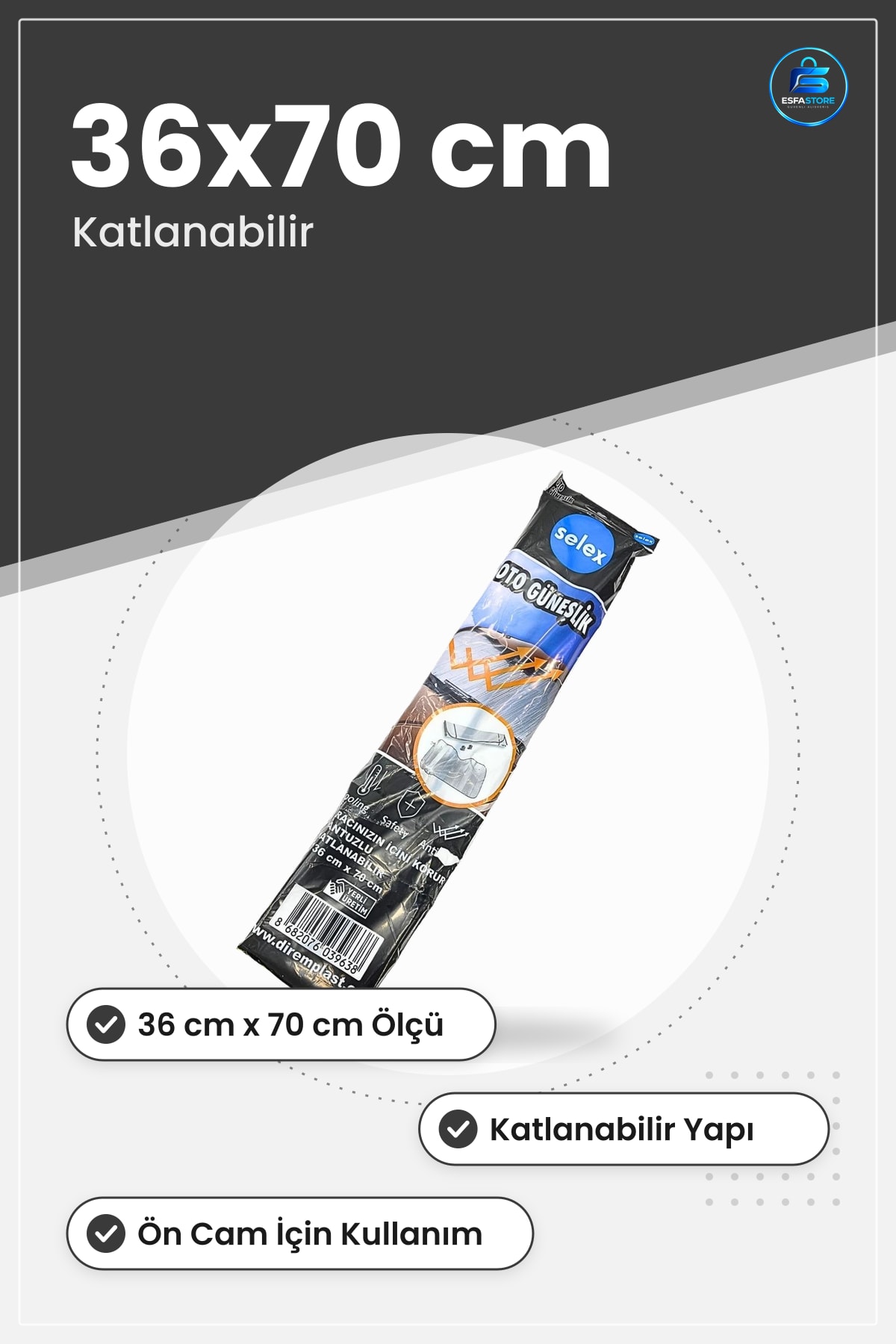 Oto Güneşlik 36 cm x 70 Katlanabilir Araç Ön Cam Güneş Koruyucu Perde İçi Serinlik Pratik