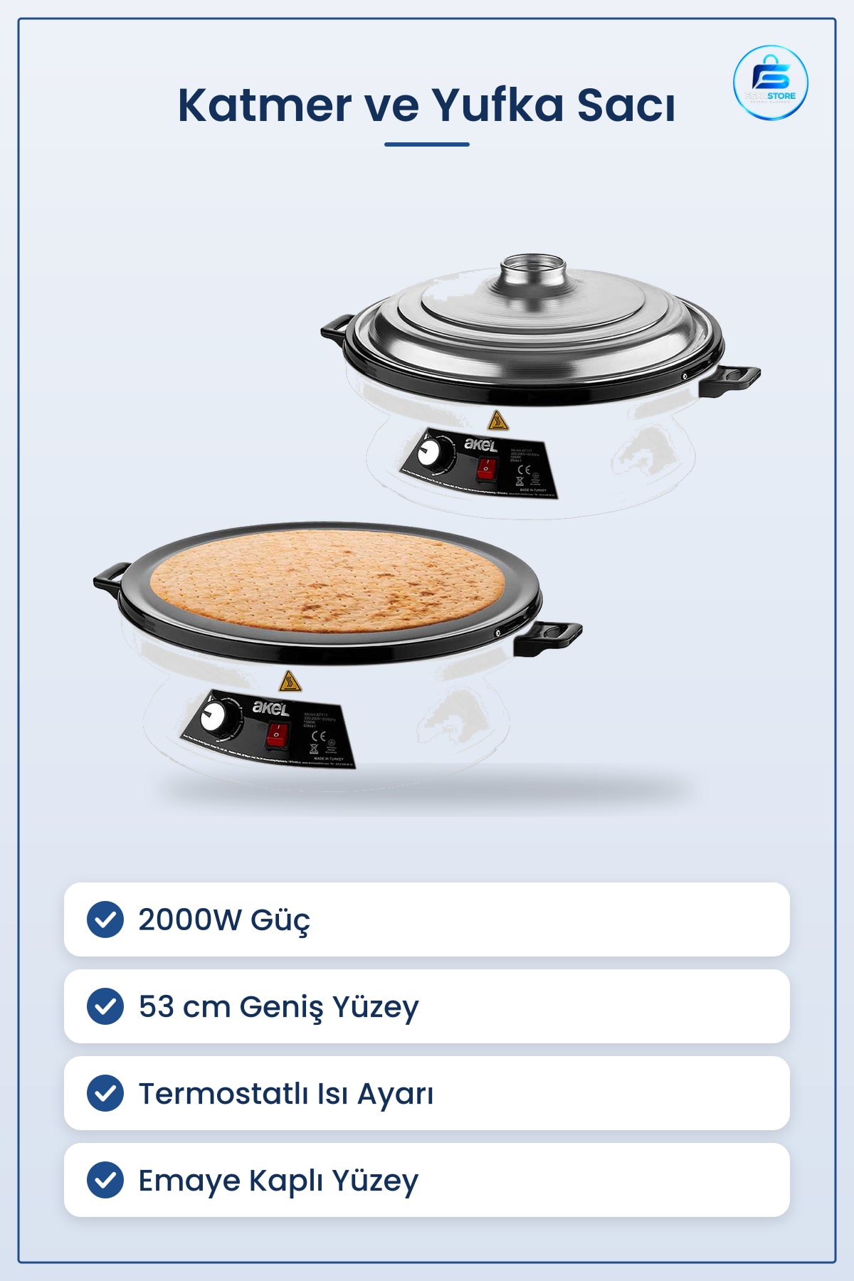 Katmer ve Yufka Sacı 2000W 53 cm Termostatlı Emaye Kaplı Elektrikli Gözleme Krep Pişirici