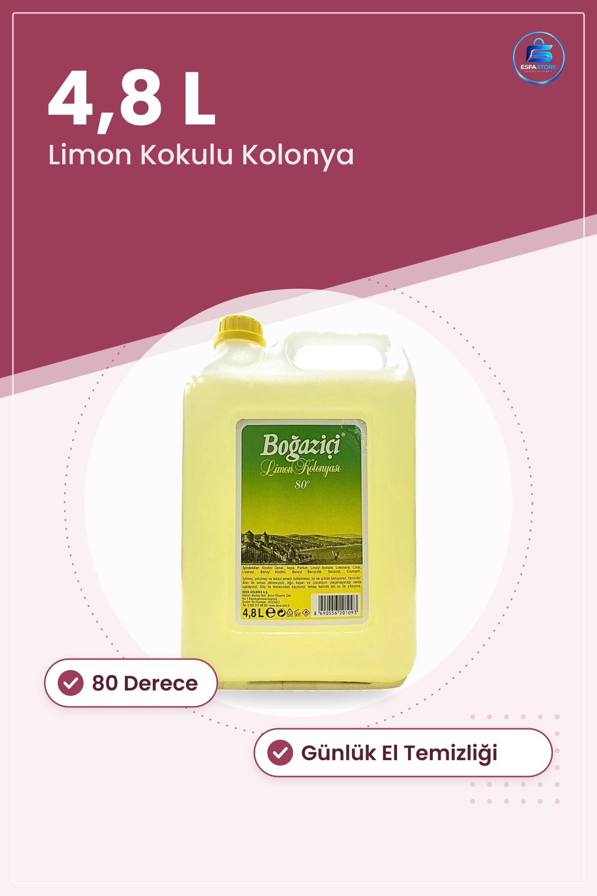 Kolonya Limon Kokulu 4,8 L Derece Günlük Kullanım Kişisel Bakım Ürünü El Temizliği