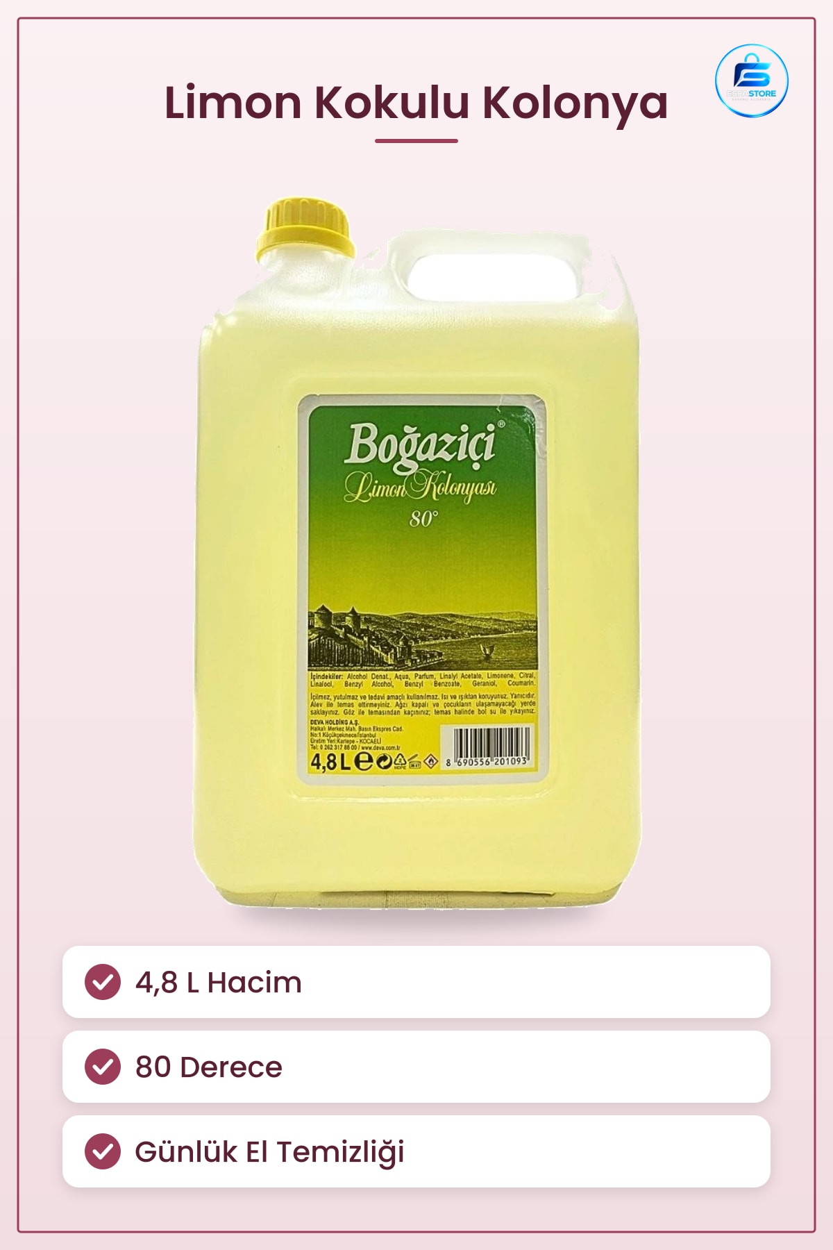 Kolonya Limon Kokulu 4,8 L Derece Günlük Kullanım Kişisel Bakım Ürünü El Temizliği