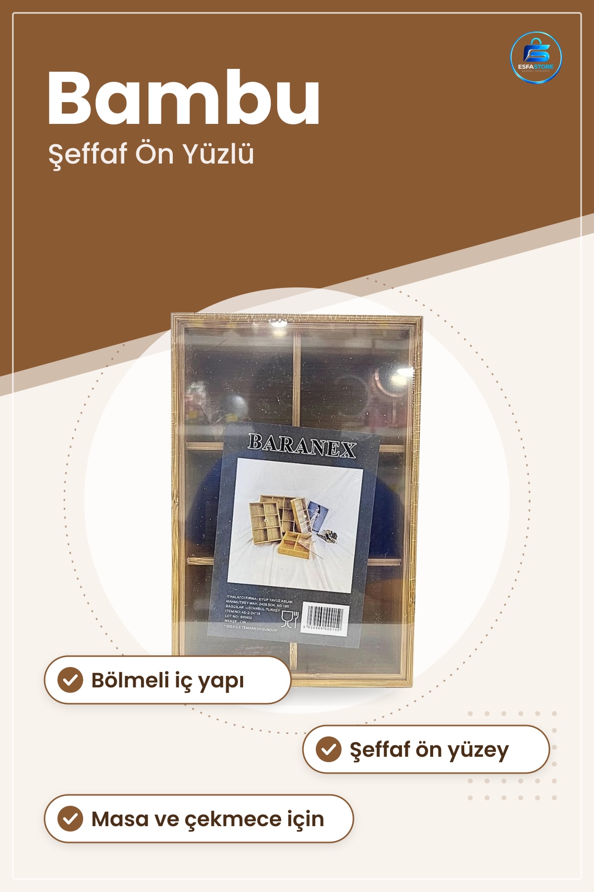 Bambu Organizer Saklama Kutusu Masa Üstü Çekmece Düzenleyici Şeffaf Ön Yüzlü Ev Ofis