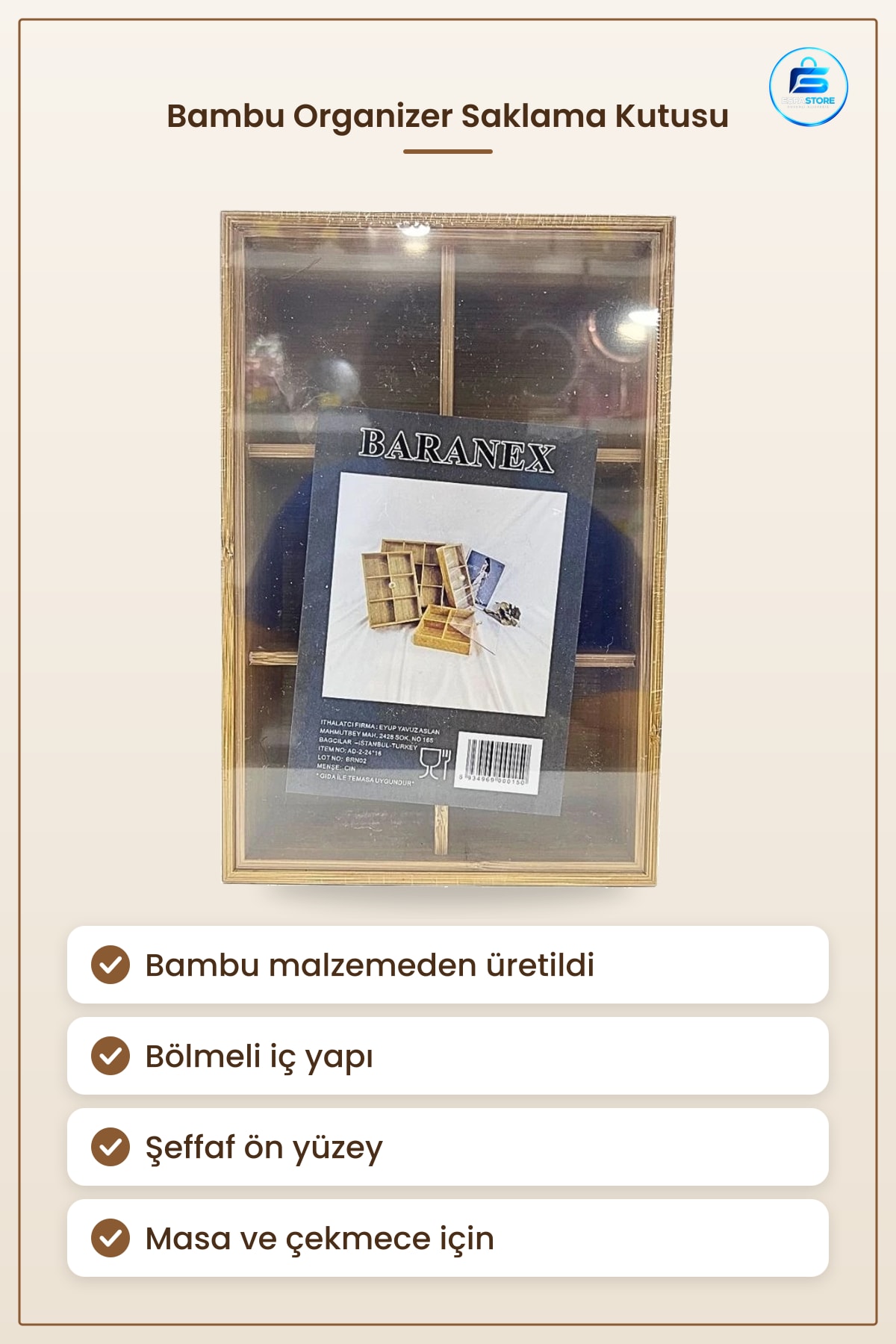 Bambu Organizer Saklama Kutusu Masa Üstü Çekmece Düzenleyici Şeffaf Ön Yüzlü Ev Ofis