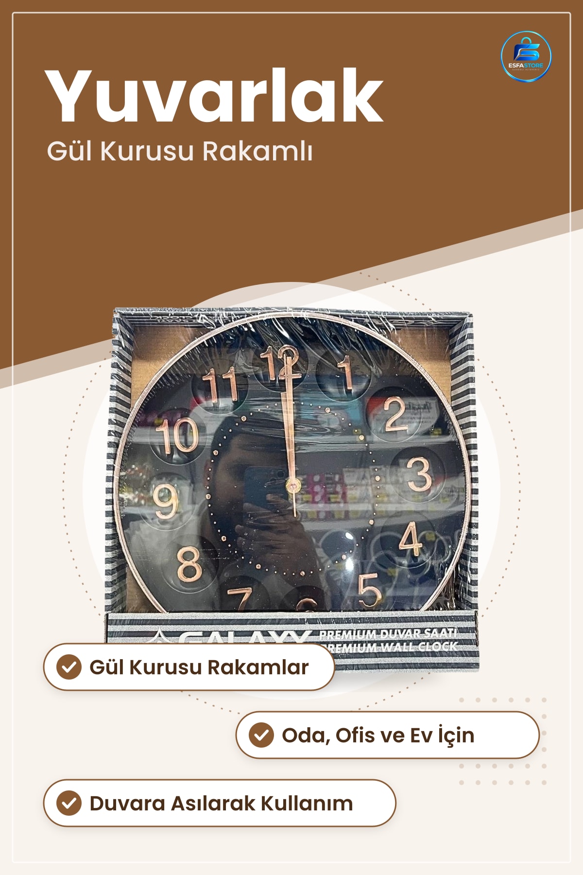 Duvar Saati Yuvarlak Siyah Gül Kurusu Rakamlı Oda Ofis ve Ev İçin Duvara Asılarak Kullanım