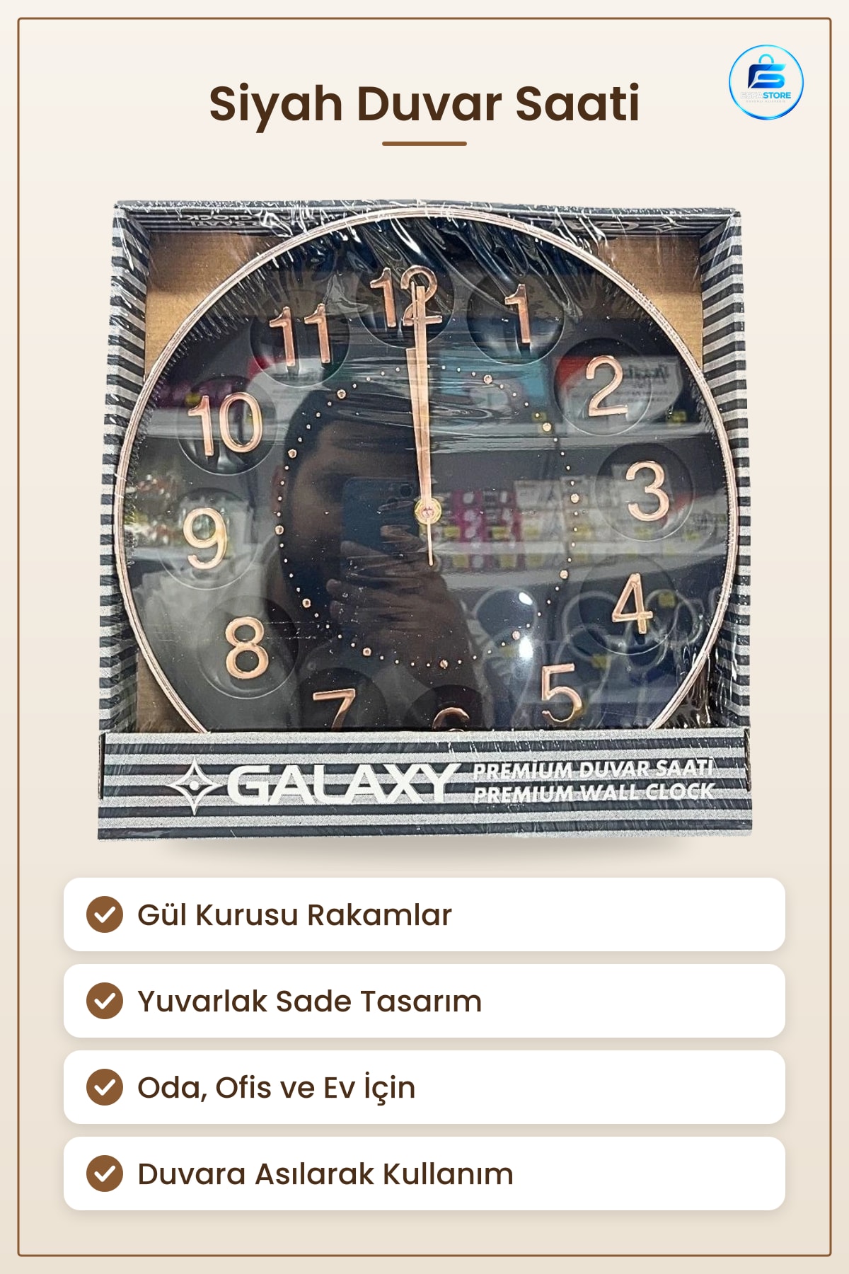 Duvar Saati Yuvarlak Siyah Gül Kurusu Rakamlı Oda Ofis ve Ev İçin Duvara Asılarak Kullanım