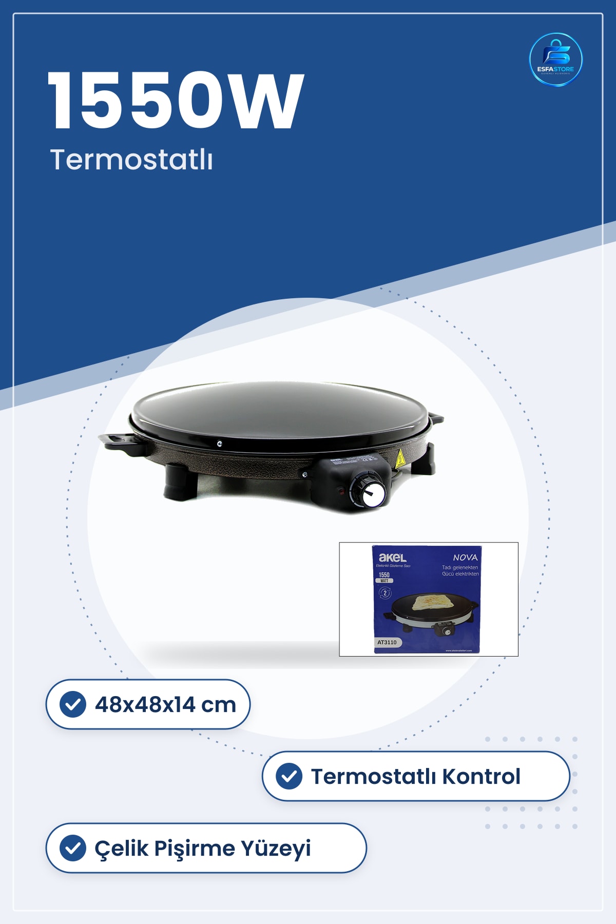 Elektrikli Gözleme Sacı Termostatlı 1550W 48x48x14 cm Çelik Pişirme Yüzeyi Ev Mutfak Pratik Tava