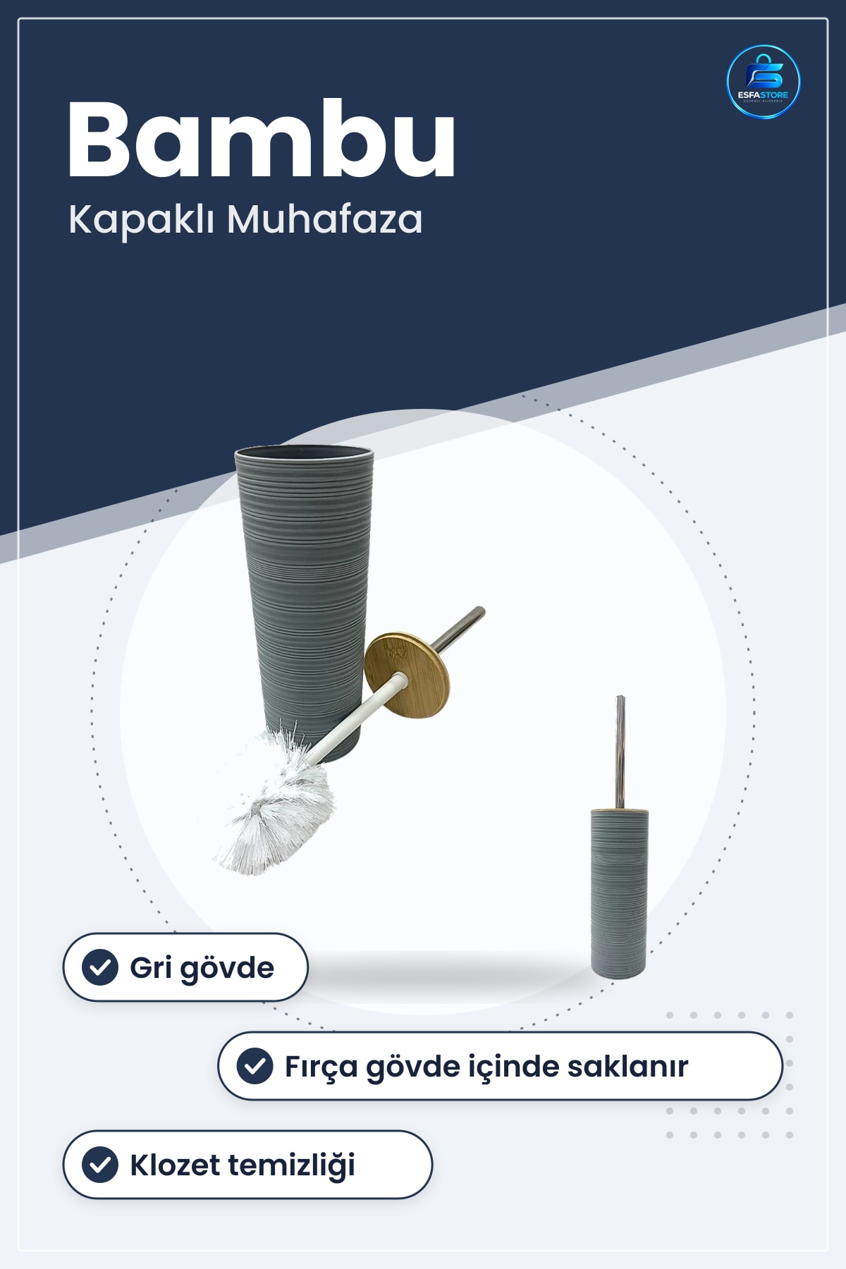 Tuvalet Fırçası Bambu Kapaklı Klozet Temizleme Gri Banyo Aksesuarı Ev Lavabo Duş