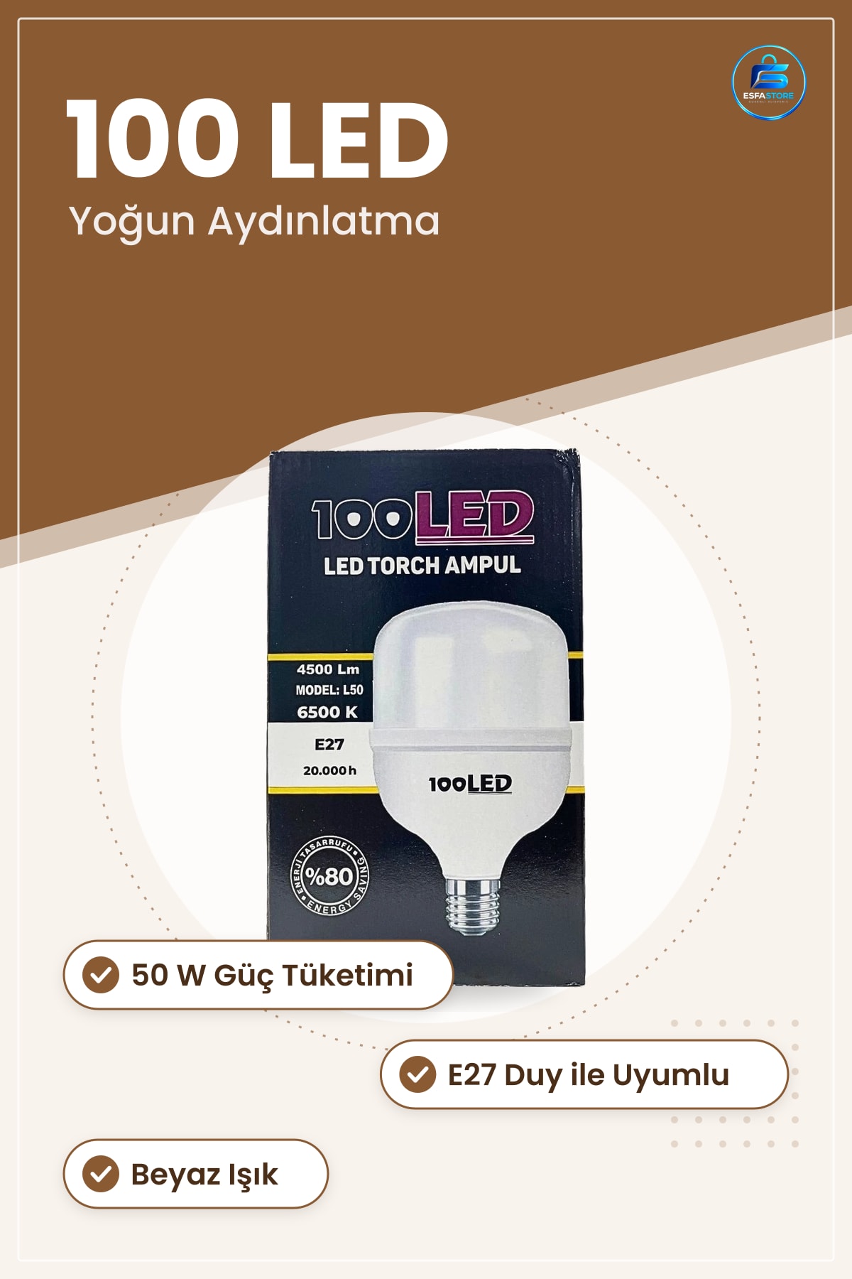 Torch Ampul 50 W 100 LED E27 Duy Yoğun Aydınlatma Ev İş Yeri Beyaz Işık Yüksek Lümen