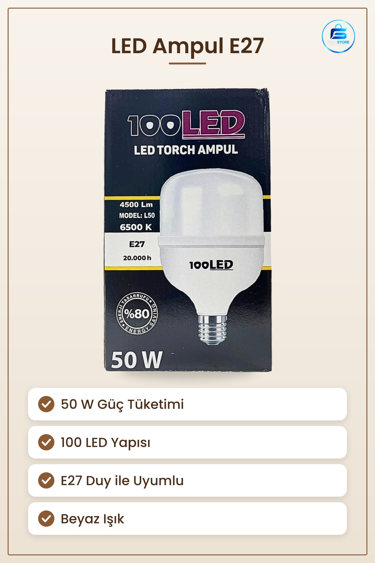 Torch Ampul 50 W 100 LED E27 Duy Yoğun Aydınlatma Ev İş Yeri Beyaz Işık Yüksek Lümen
