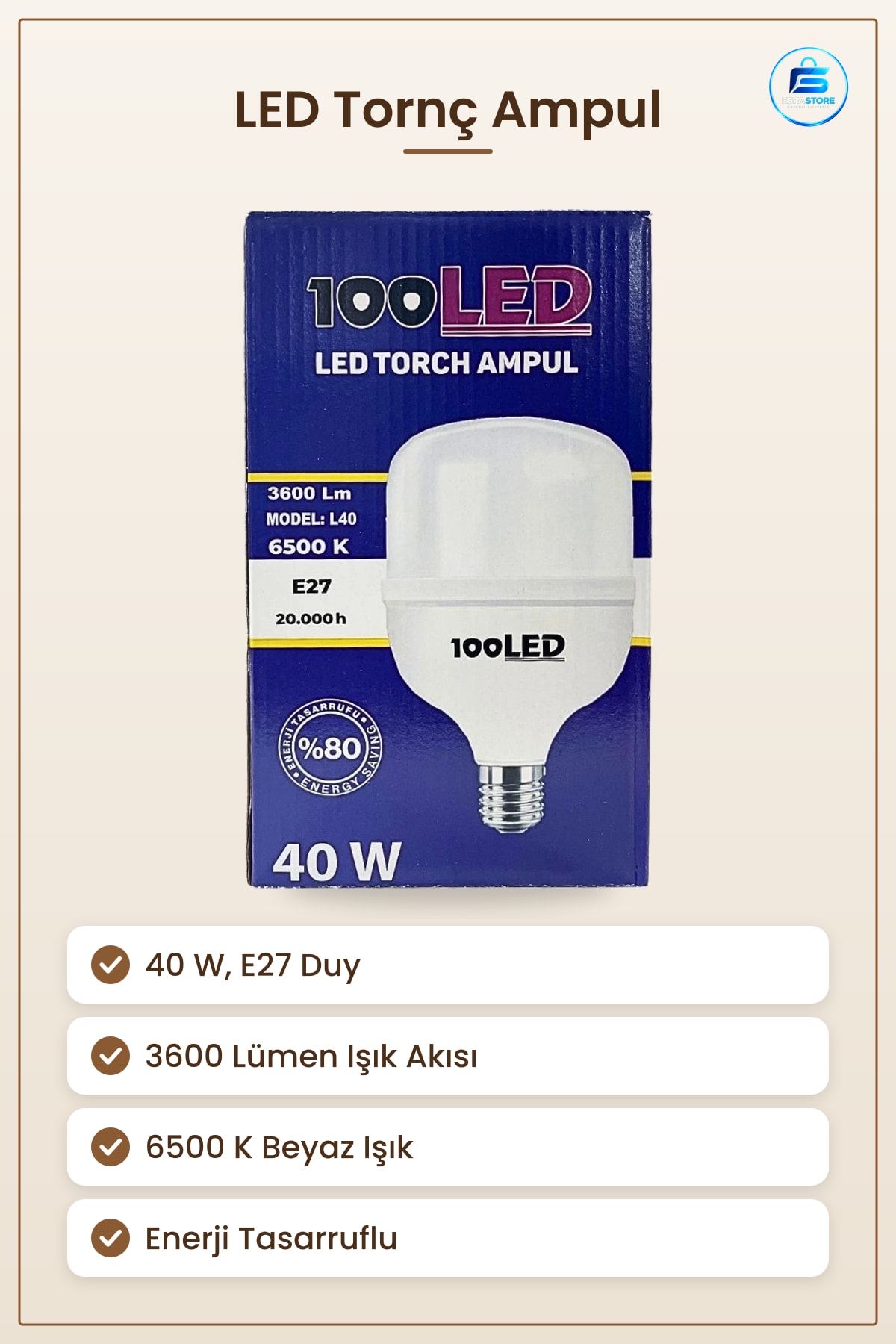 LED Torç Ampul 40 W E27 Duylu Lümen K Beyaz Işık Enerji Tasarruflu Ev Ofis Kullanışlı