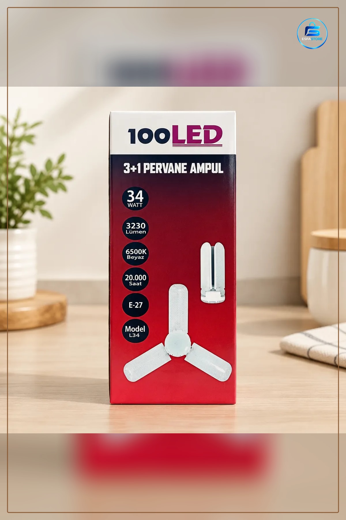 Pervane Ampul Jumbo 3+1 Kanatlı E27 100 LED Beyaz Işık 34W 6500K Salon Mutfak Aydınlatma