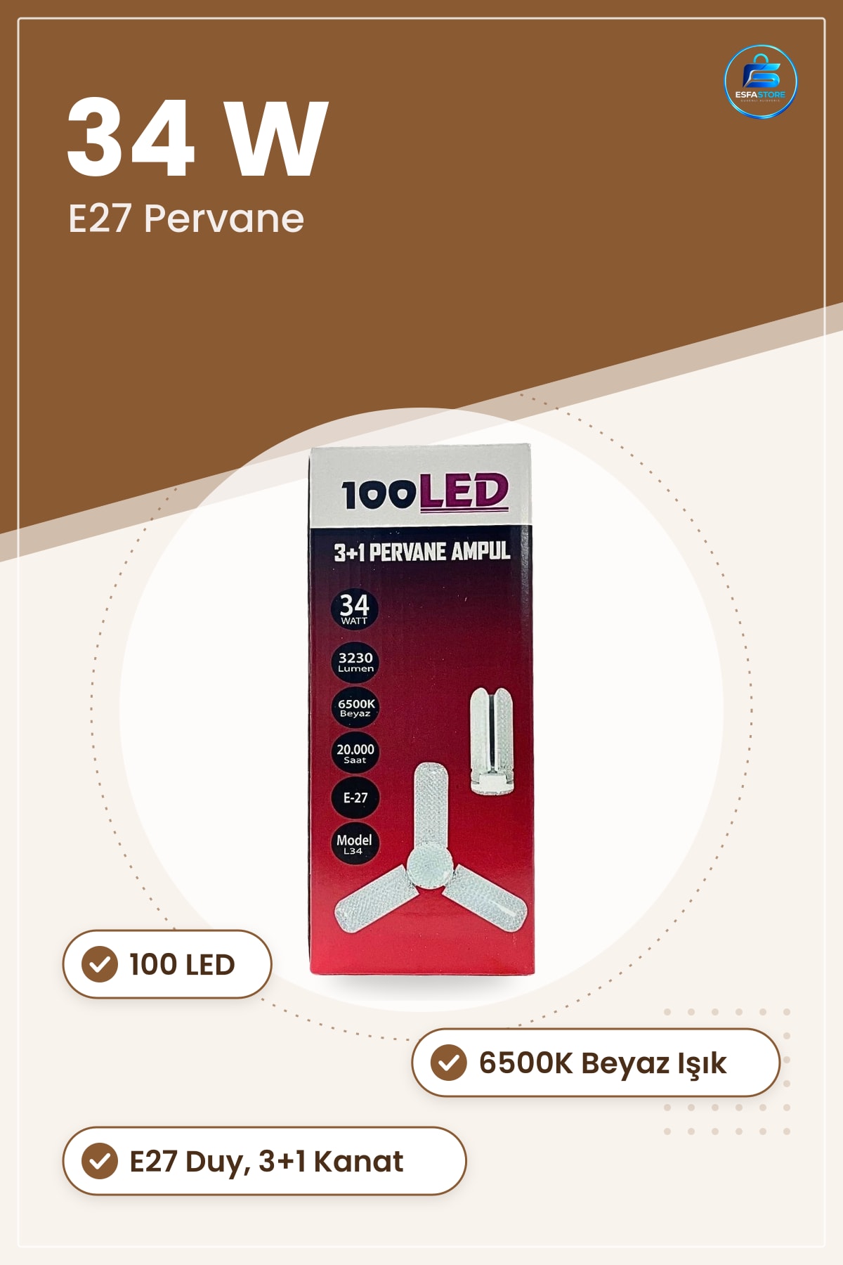 Pervane Ampul Jumbo 3+1 Kanatlı E27 100 LED Beyaz Işık 34W 6500K Salon Mutfak Aydınlatma
