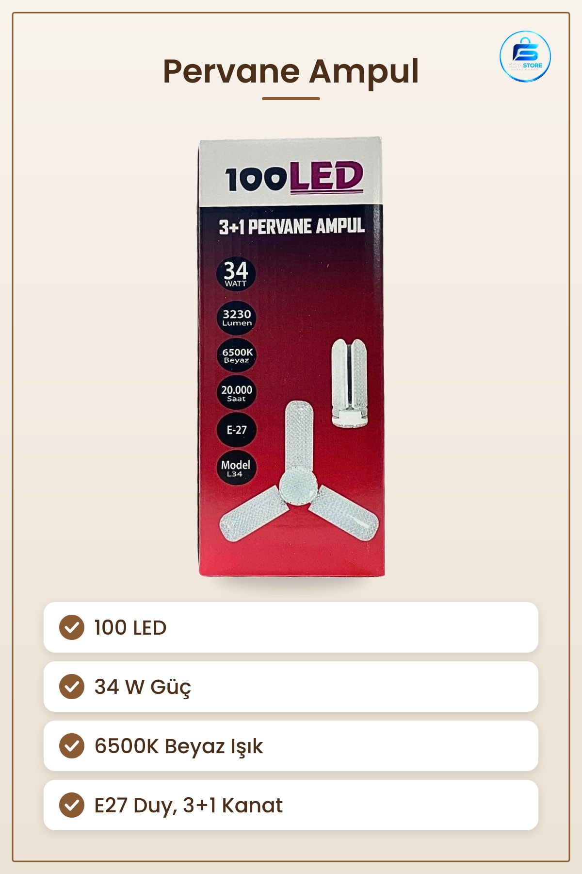 Pervane Ampul Jumbo 3+1 Kanatlı E27 100 LED Beyaz Işık 34W 6500K Salon Mutfak Aydınlatma