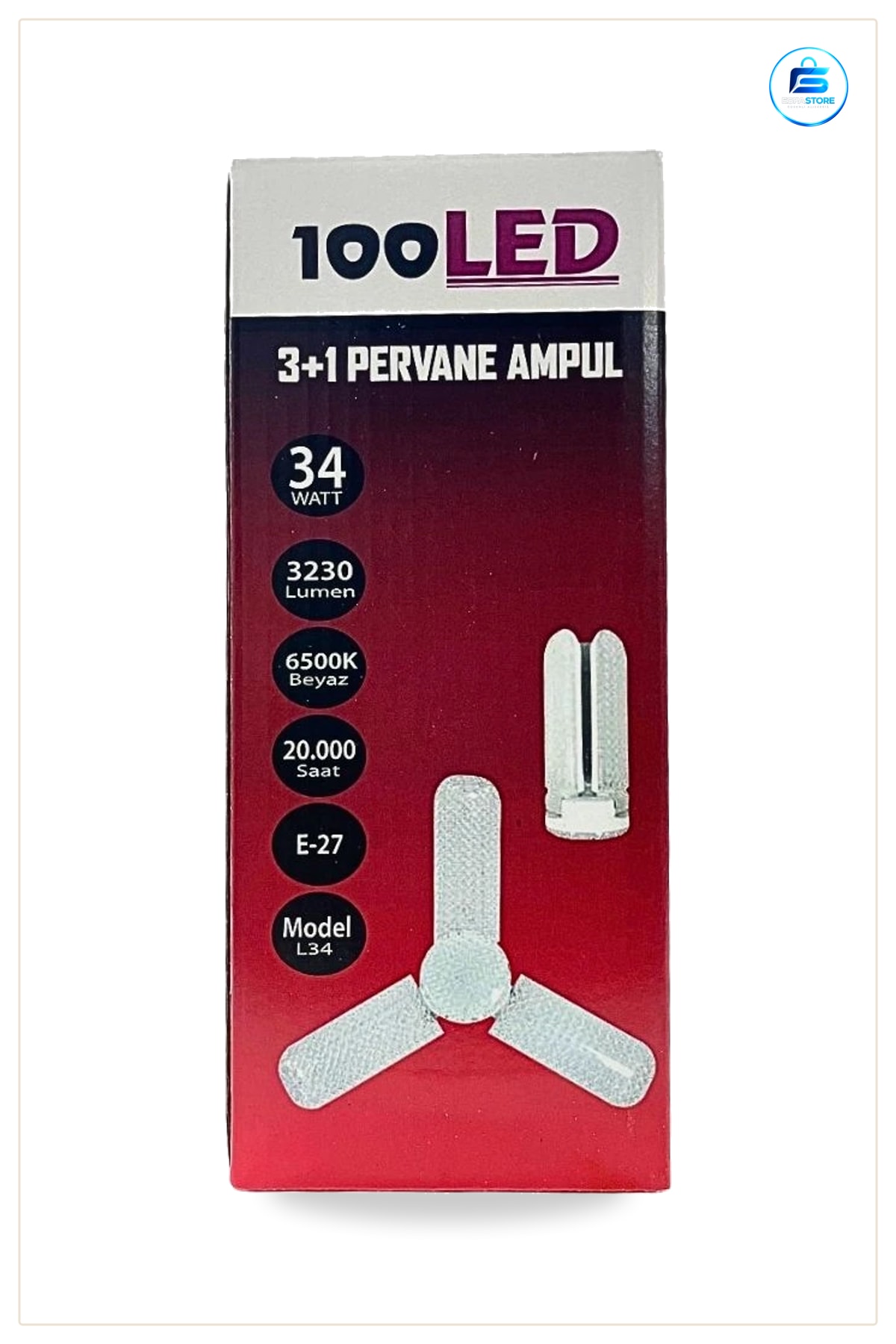 Pervane Ampul Jumbo 3+1 Kanatlı E27 100 LED Beyaz Işık 34W 6500K Salon Mutfak Aydınlatma