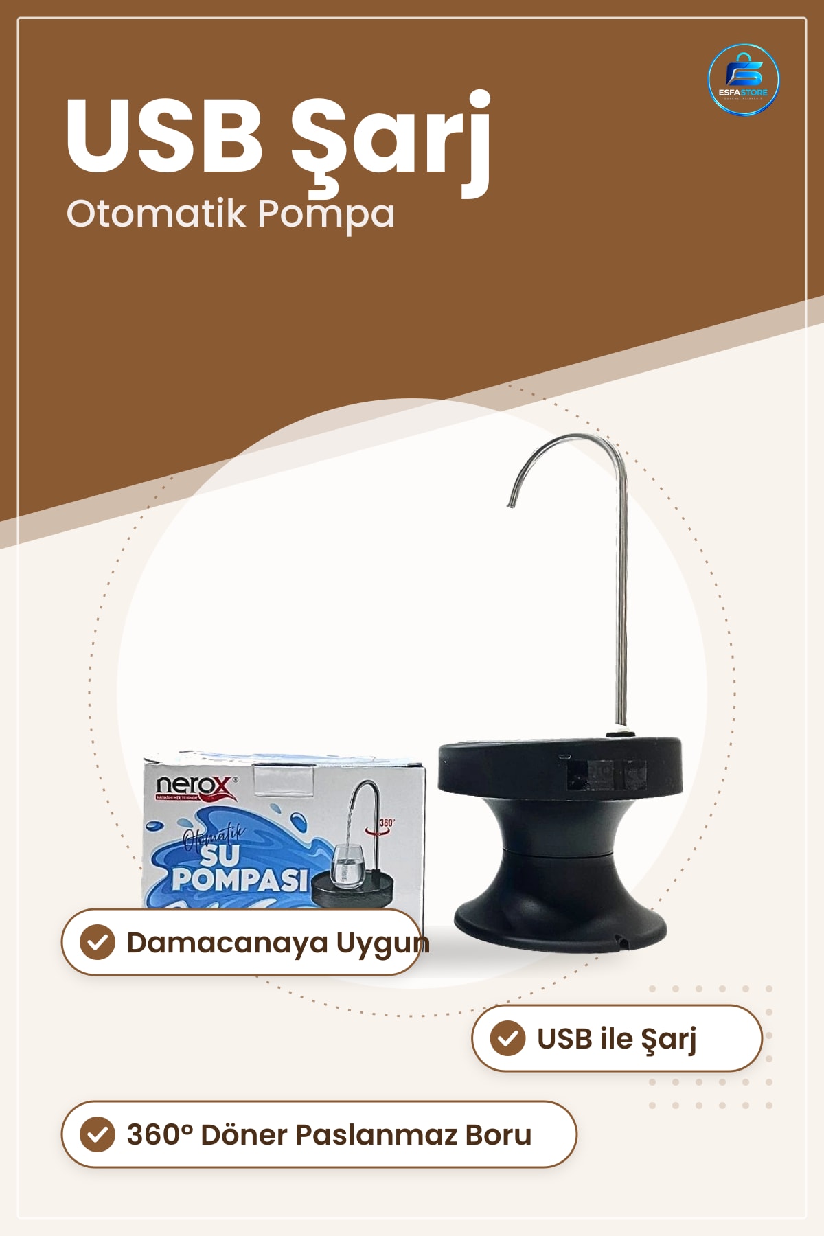 Otomatik Su Pompası Şarjlı Damacana Elektrikli Paslanmaz Çelik Boru Derece USB Ev Ofis