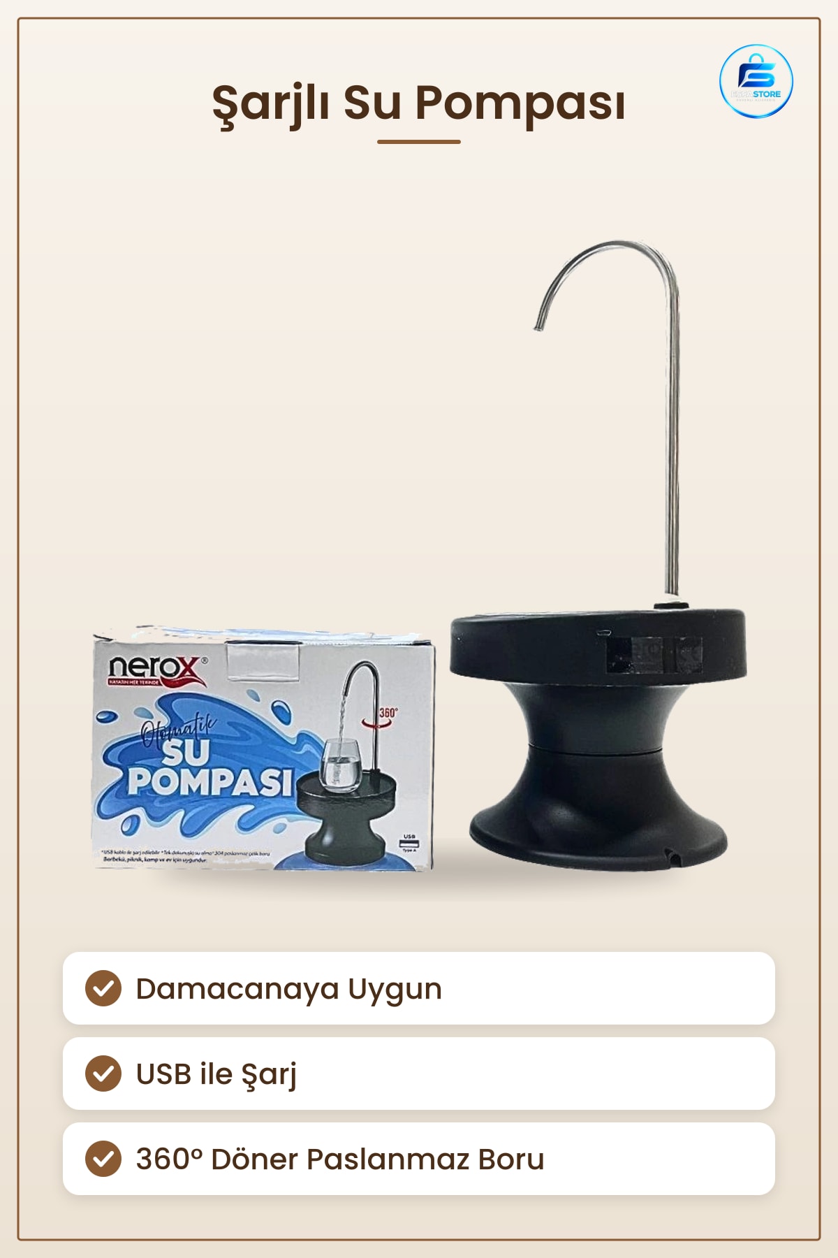 Otomatik Su Pompası Şarjlı Damacana Elektrikli Paslanmaz Çelik Boru Derece USB Ev Ofis