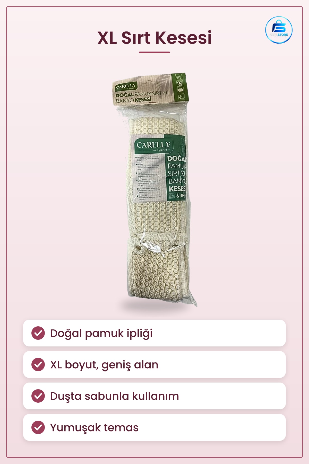 Doğal Pamuk XL Sırt Kesesi Banyo Lifi Vücut Temizleme Süngeri Duşta Kullanım İçin Pratik