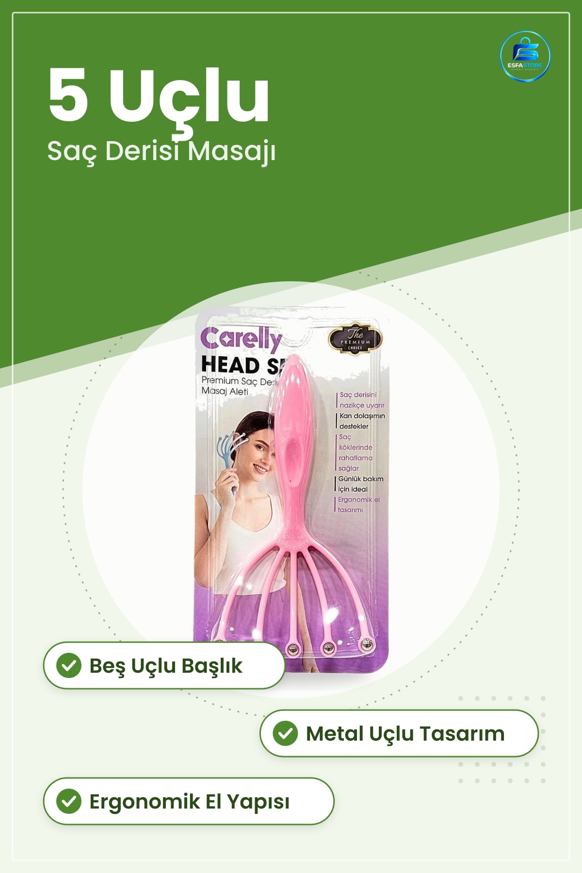Kafa Masaj Aleti Saç Derisi Pembe Beş Uçlu Manuel Baş Gevşeme Günlük Bakım Ergonomik Tasarım
