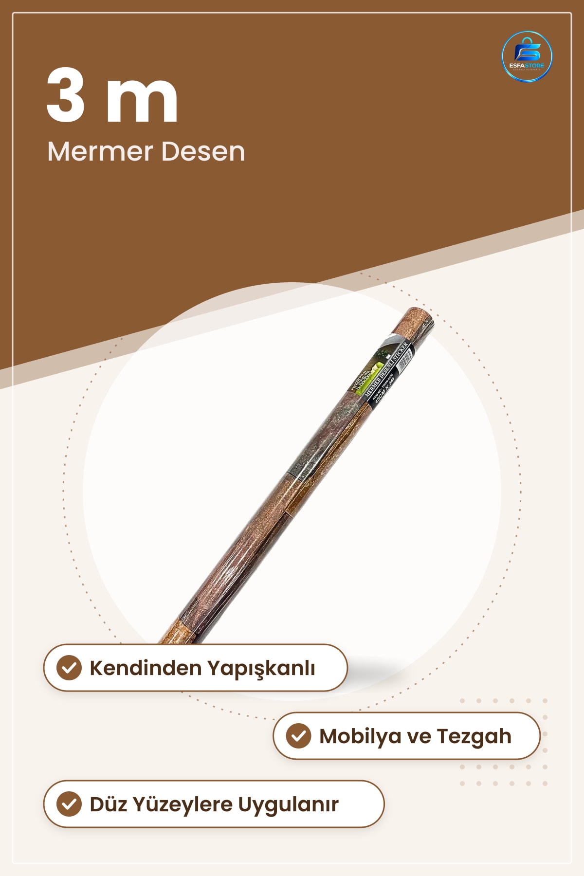 Mermer Desenli Yapışkanlı Folyo 3 m Dekoratif Mobilya Dolap Tezgah Kaplama Kolay Uygulama