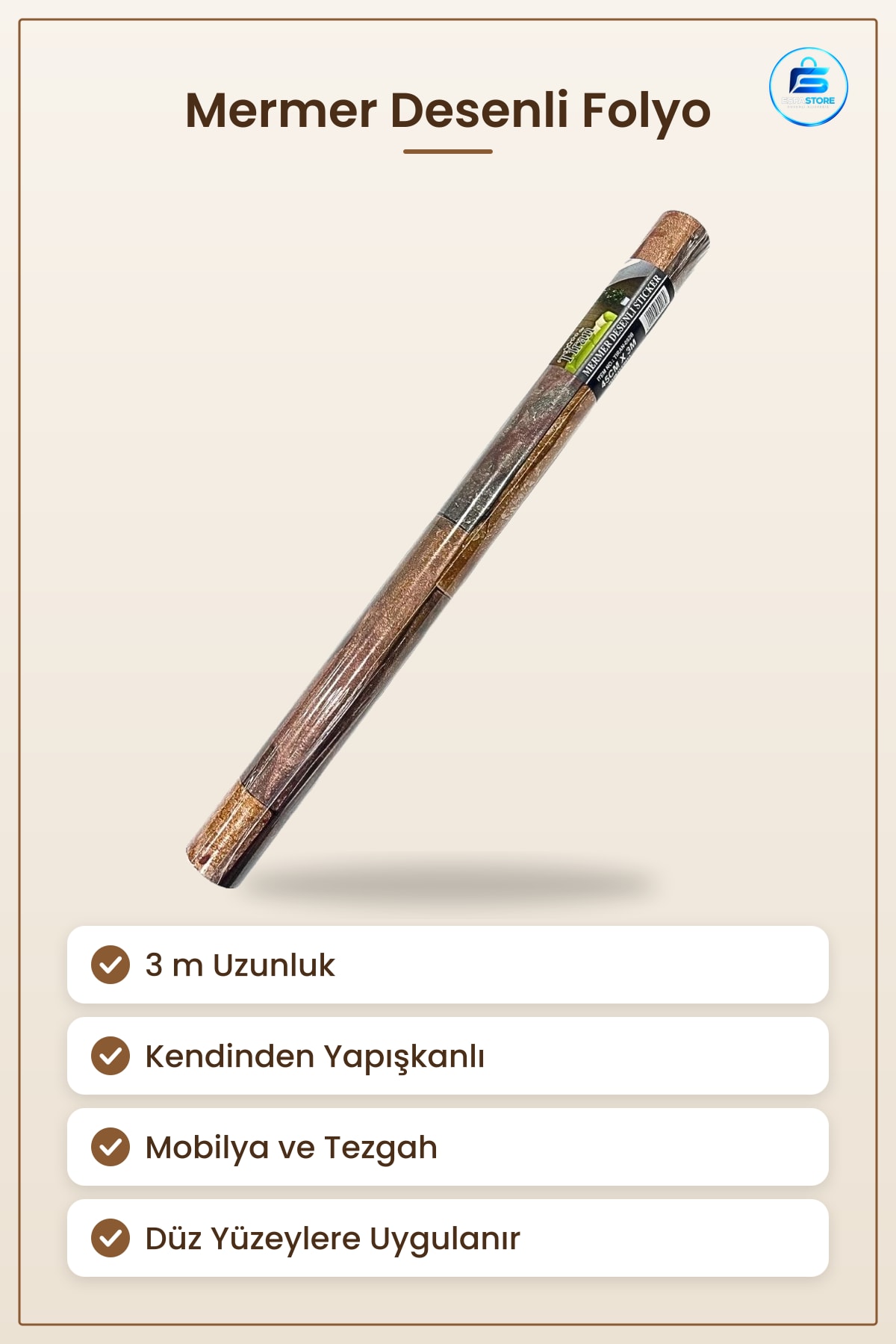 Mermer Desenli Yapışkanlı Folyo 3 m Dekoratif Mobilya Dolap Tezgah Kaplama Kolay Uygulama