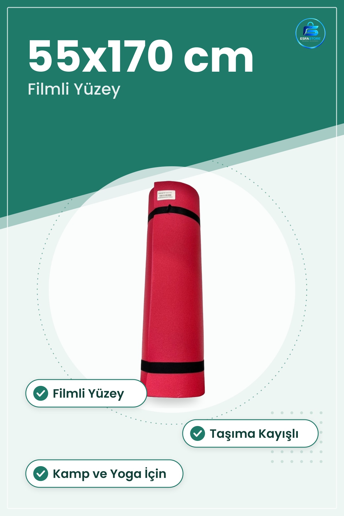 Kamp Matı 55x170 cm Filmli Yüzeyli Yoga Kırmızı Taşıma Kayışlı Dış Mekan Ev Kullanımı Spor