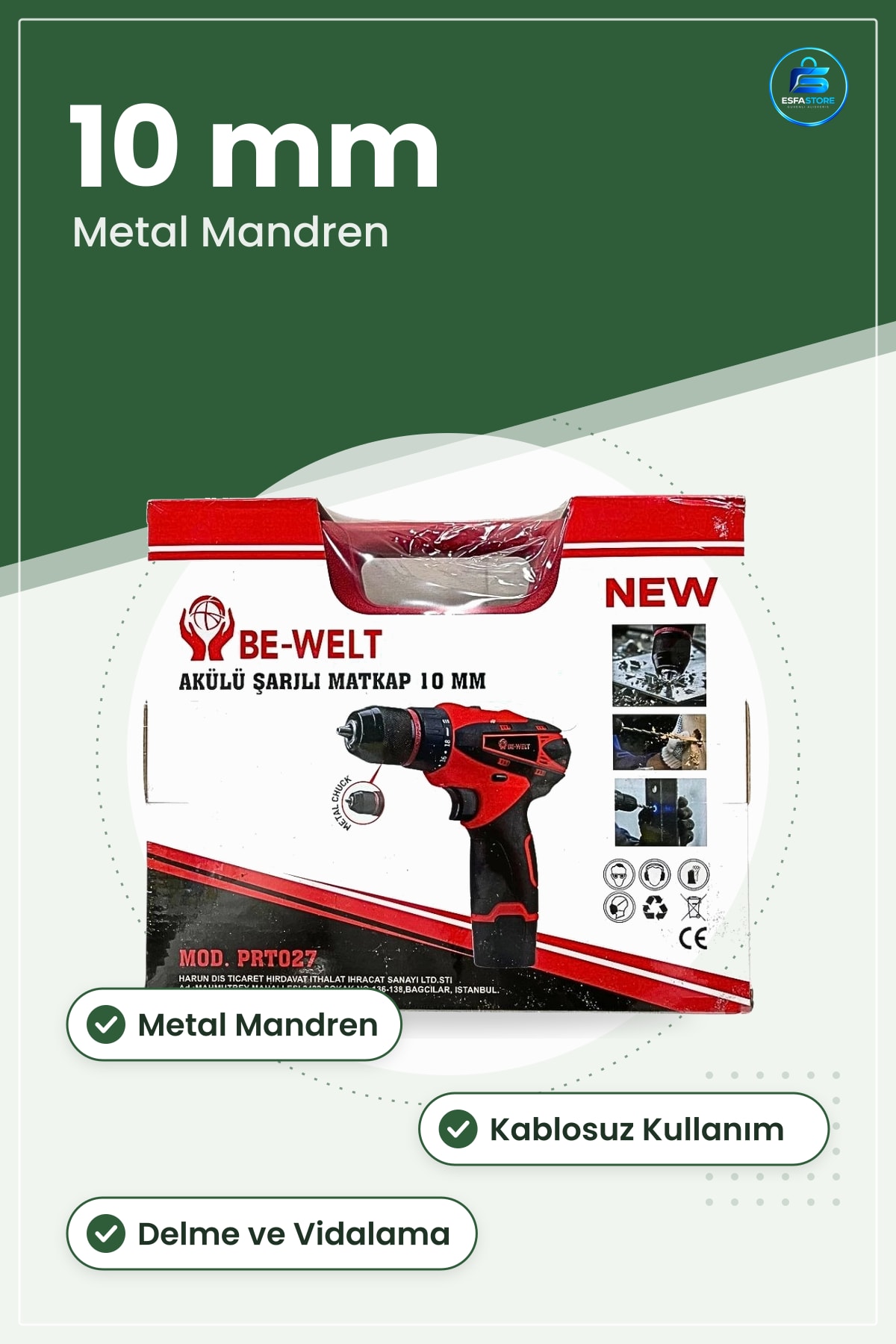 Matkap Şarjlı 10 mm Akülü Metal Mandren Delme Vidalama Elektrikli El Aleti Ev Atölye