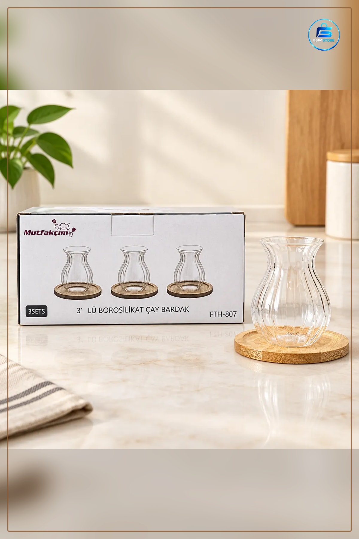 Bambu Tabaklı Çay Bardakı 3'lü Borosilikat Cam Seti Sofra Servis Bardak Takımı Şeffaf