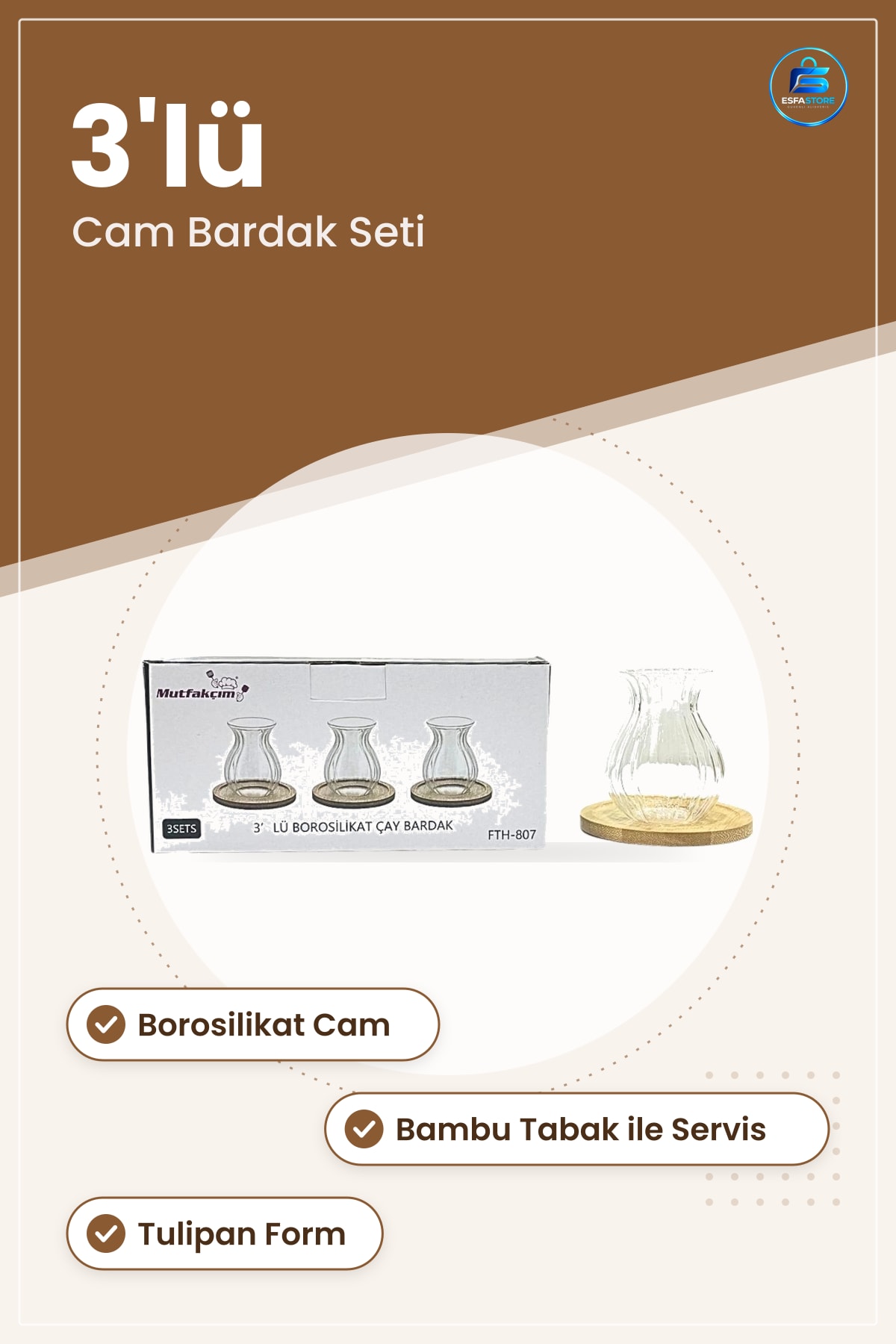 Bambu Tabaklı Çay Bardakı 3'lü Borosilikat Cam Seti Sofra Servis Bardak Takımı Şeffaf