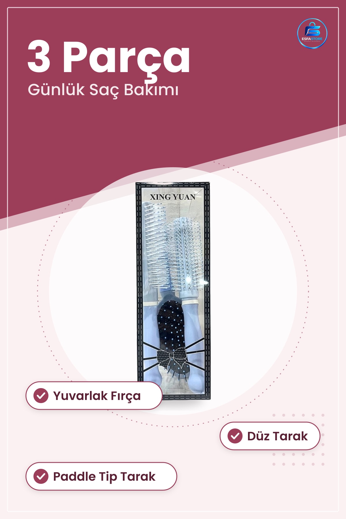 Tarak Seti 3 Parça Günlük Saç Bakımı Yuvarlak Fırça Düz Taşınabilir Kullanım Kullanışlı