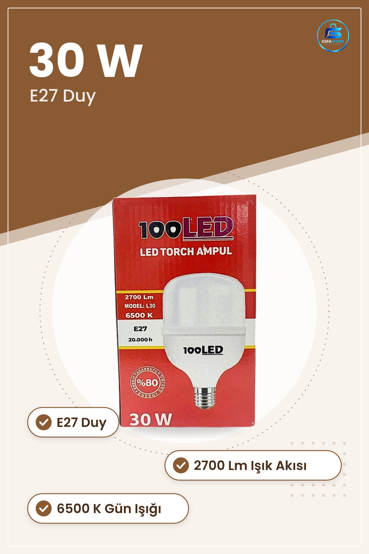 LED Torch Ampul 30 W E27 Duy Lm K Gün Işığı Model L30 Ev İş Yeri Aydınlatma Kullanışlı
