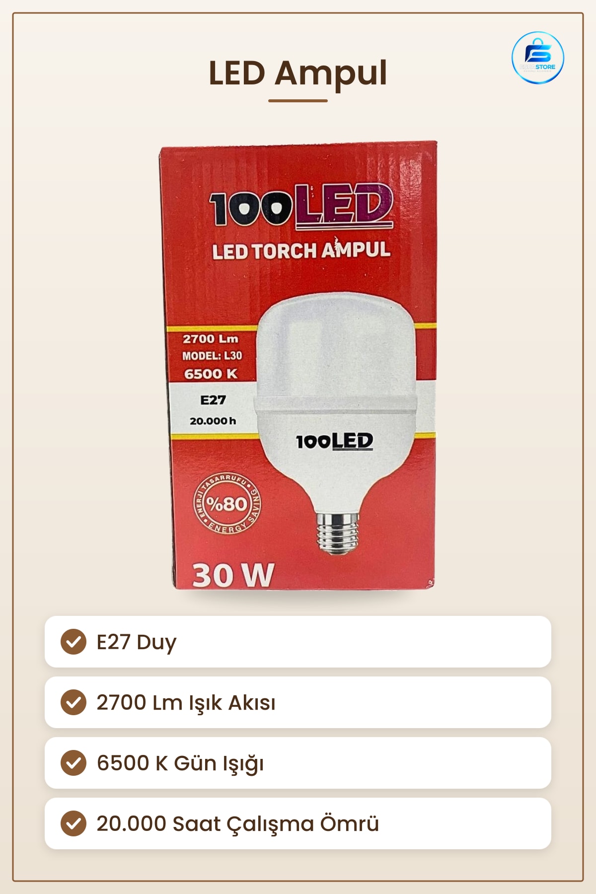 LED Torch Ampul 30 W E27 Duy Lm K Gün Işığı Model L30 Ev İş Yeri Aydınlatma Kullanışlı