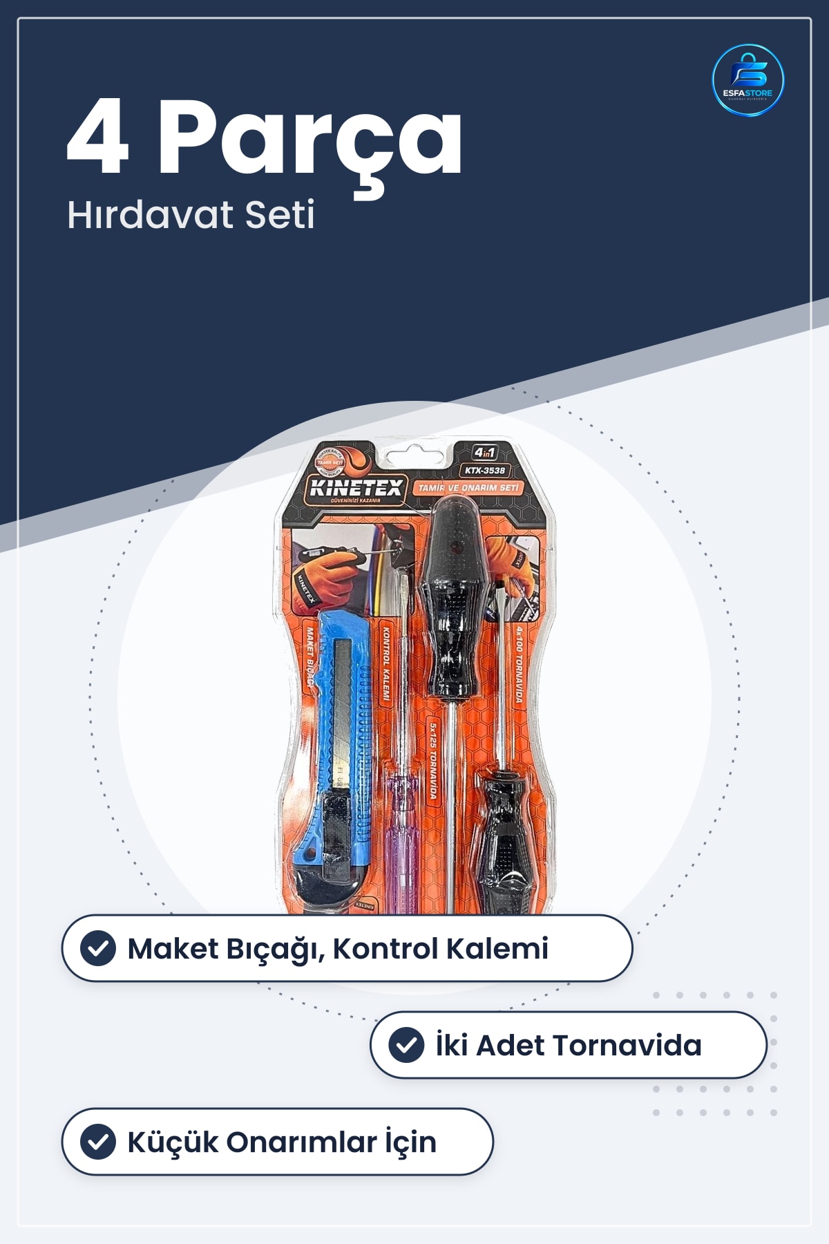 Tamir Onarım Seti 4 Parça Maket Bıçağı Kontrol Kalemi Tornavida Hırdavat Takım Çantası Avadanlık