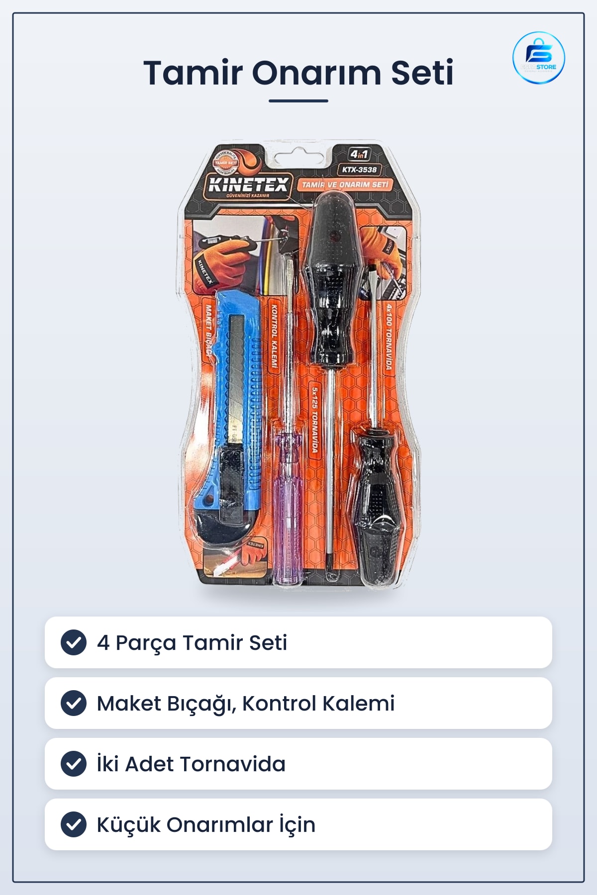 Tamir Onarım Seti 4 Parça Maket Bıçağı Kontrol Kalemi Tornavida Hırdavat Takım Çantası Avadanlık