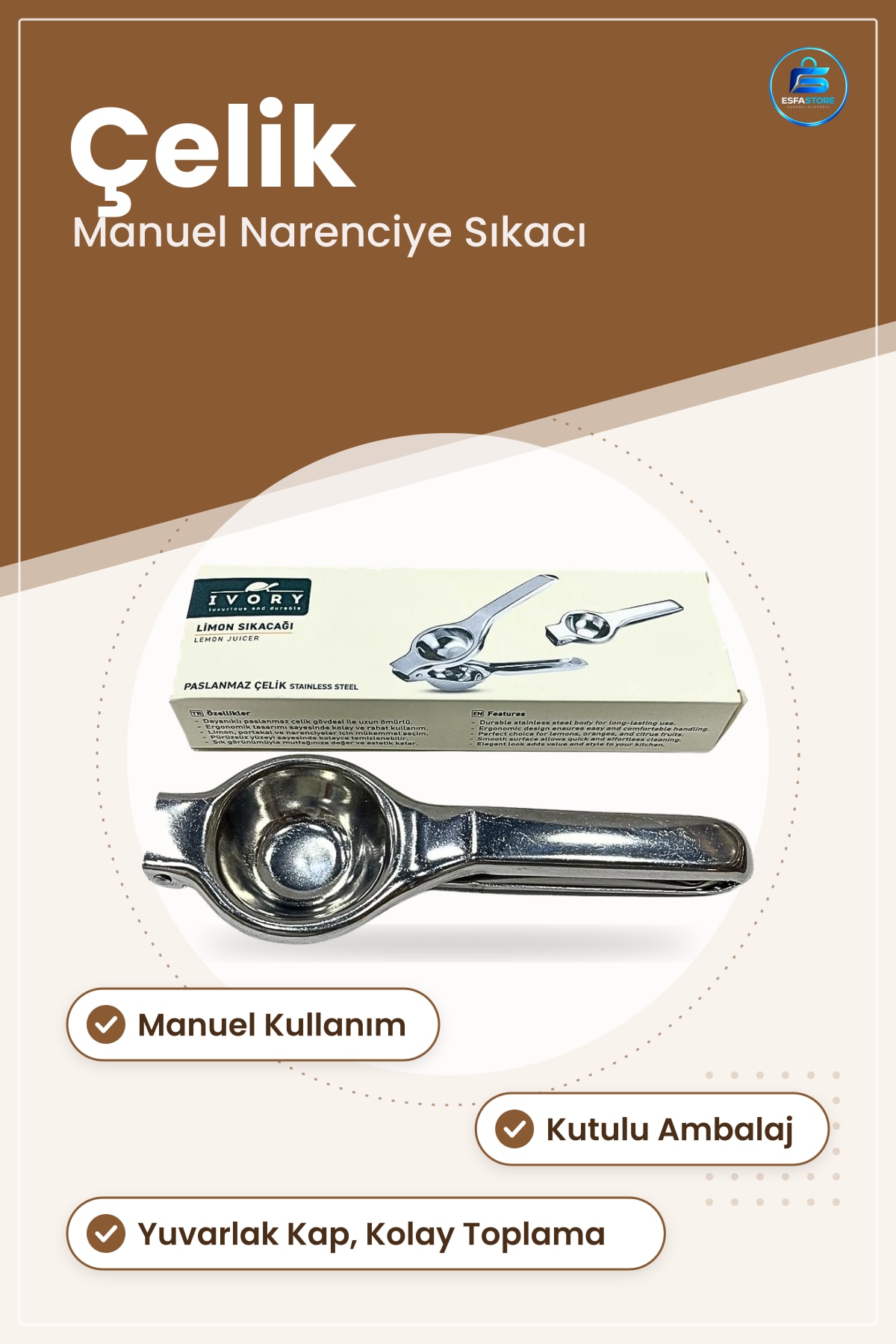 Limon Sıkacığı Paslanmaz Çelik Manuel Narenciye Mutfak Yemek Hazırlık Pratik Kullanım Kutulu