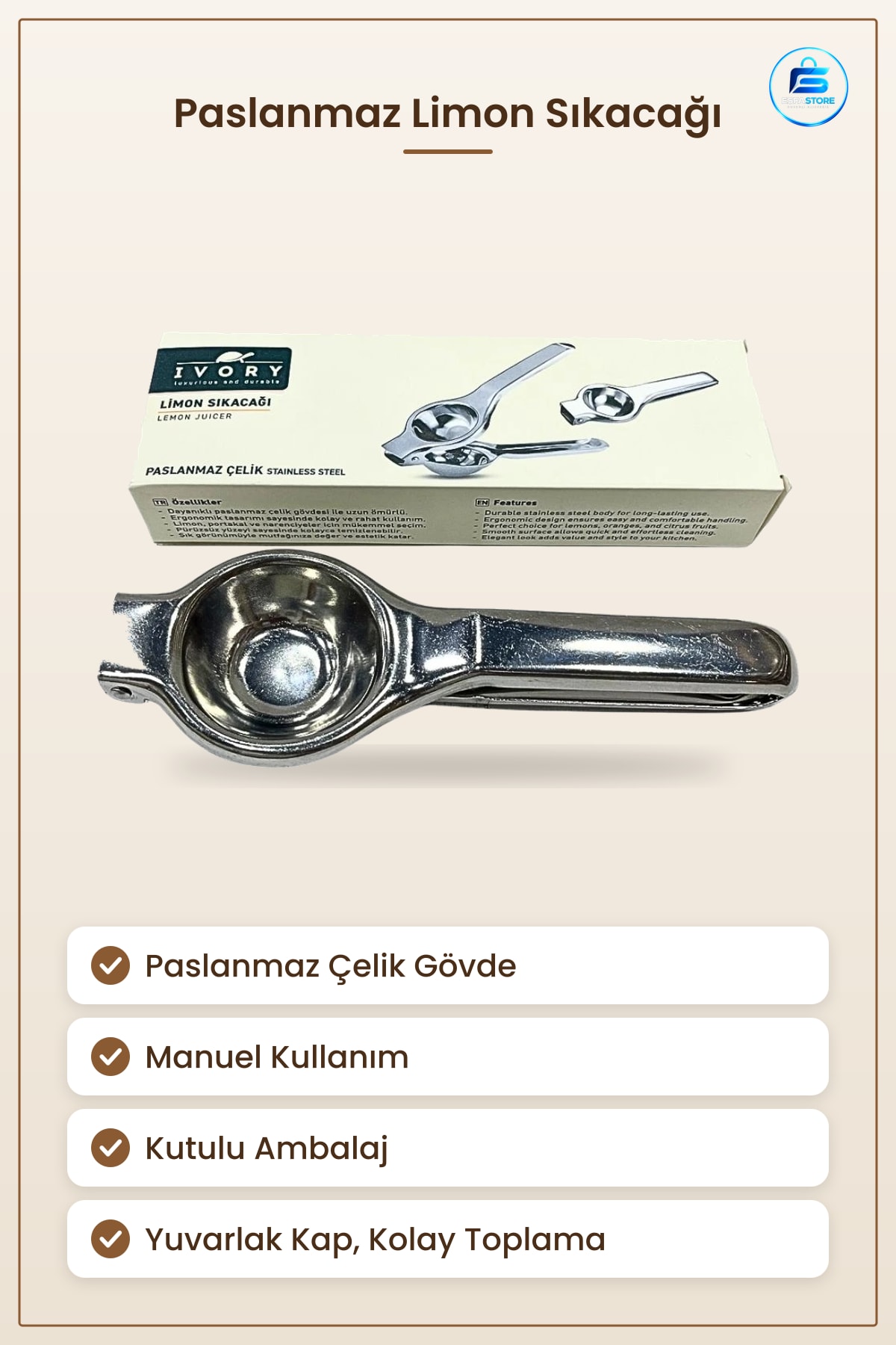 Limon Sıkacığı Paslanmaz Çelik Manuel Narenciye Mutfak Yemek Hazırlık Pratik Kullanım Kutulu