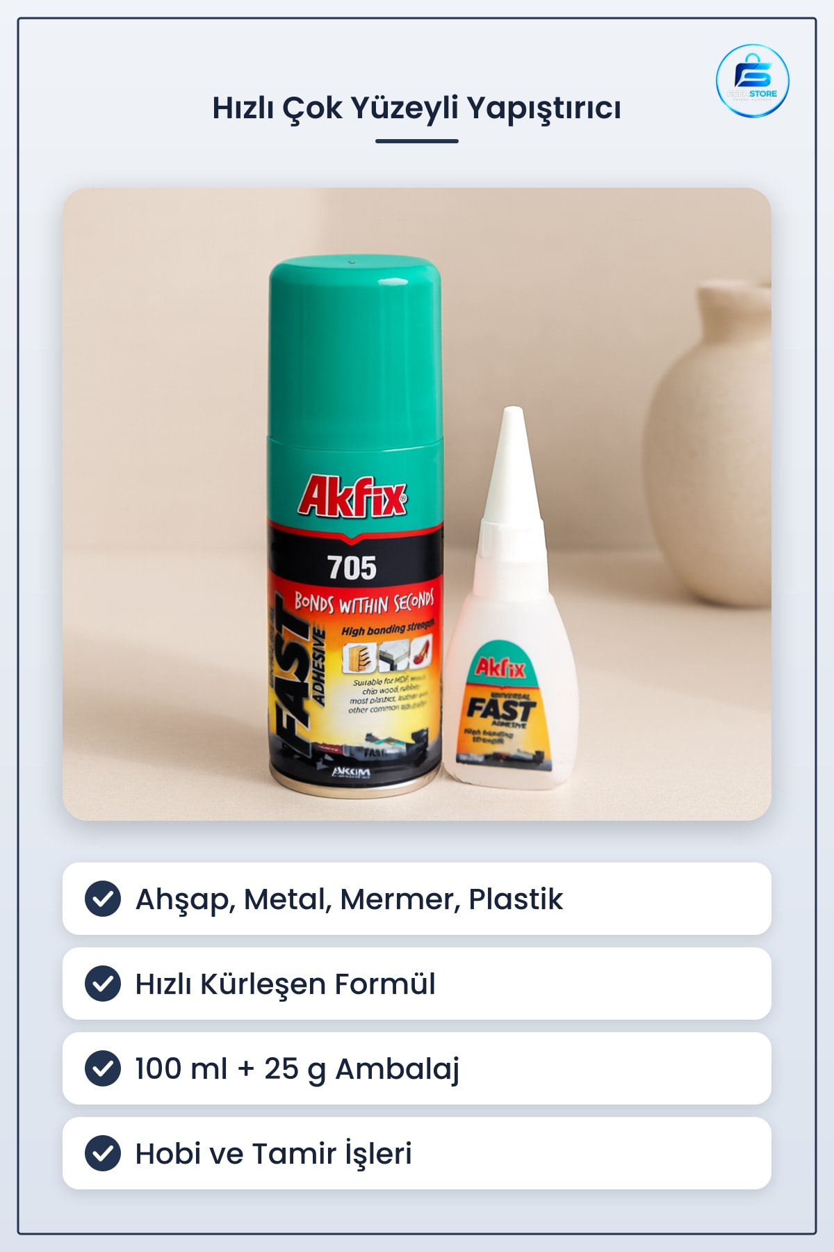 Hızlı Çok Yüzeyli Yapıştırıcı 100 ml + 25 g Ahşap Metal Mermer Plastik İçin Hobi ve Tamir